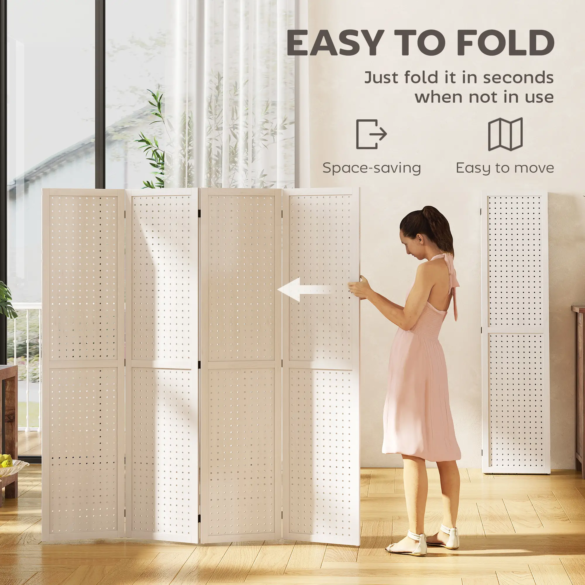 5.6 Ft. Tall 4-Panel Room Divider, Pegboard Privacy Screen, White - Image 4
