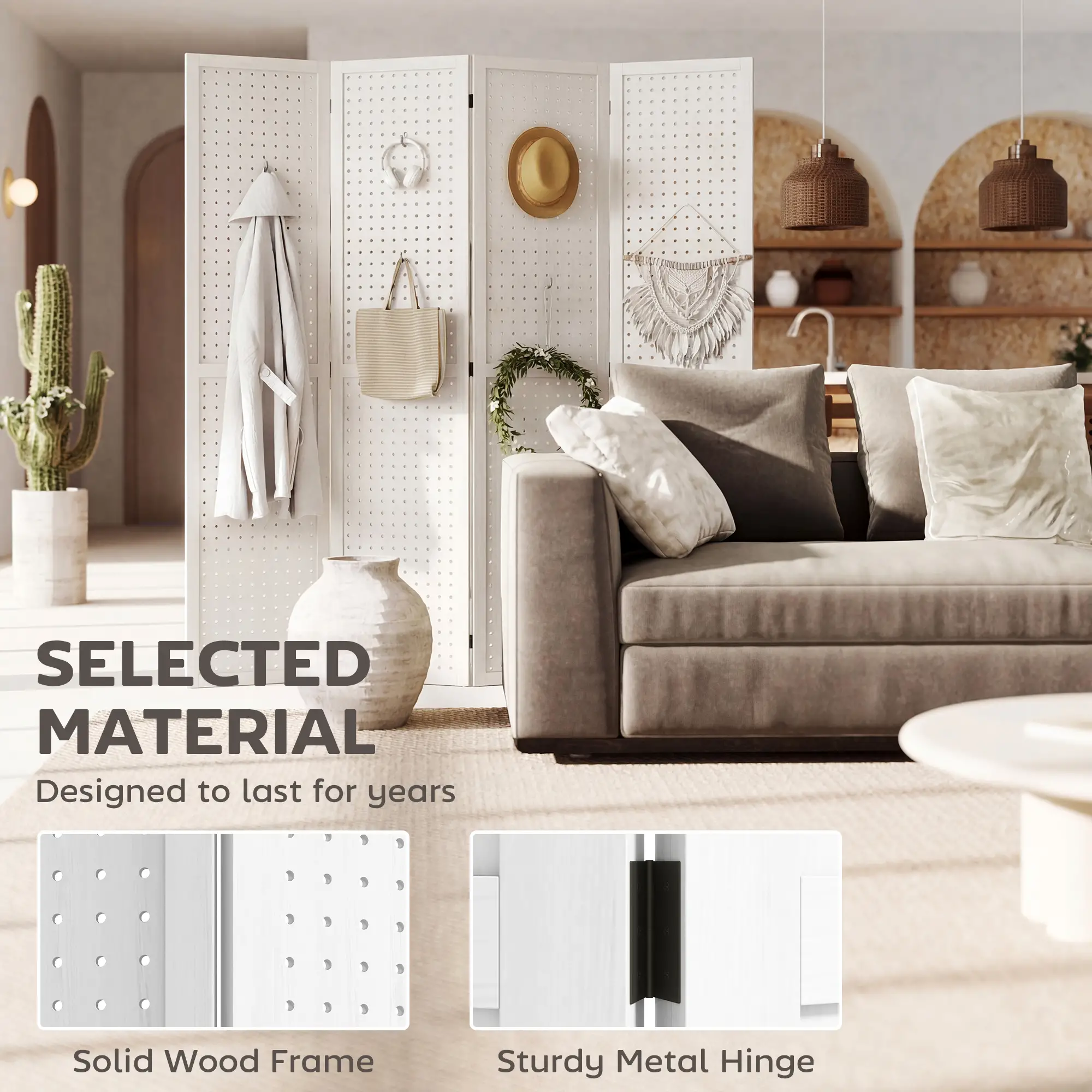 5.6 Ft. Tall 4-Panel Room Divider, Pegboard Privacy Screen, White - Image 5