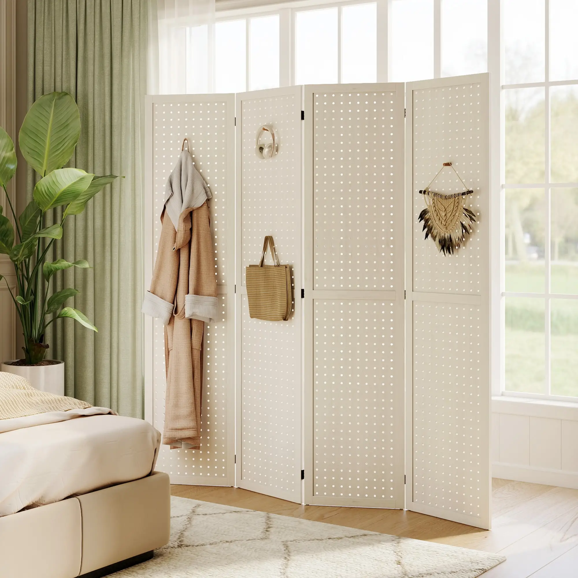 5.6 Ft. Tall 4-Panel Room Divider, Pegboard Privacy Screen, White - Image 7
