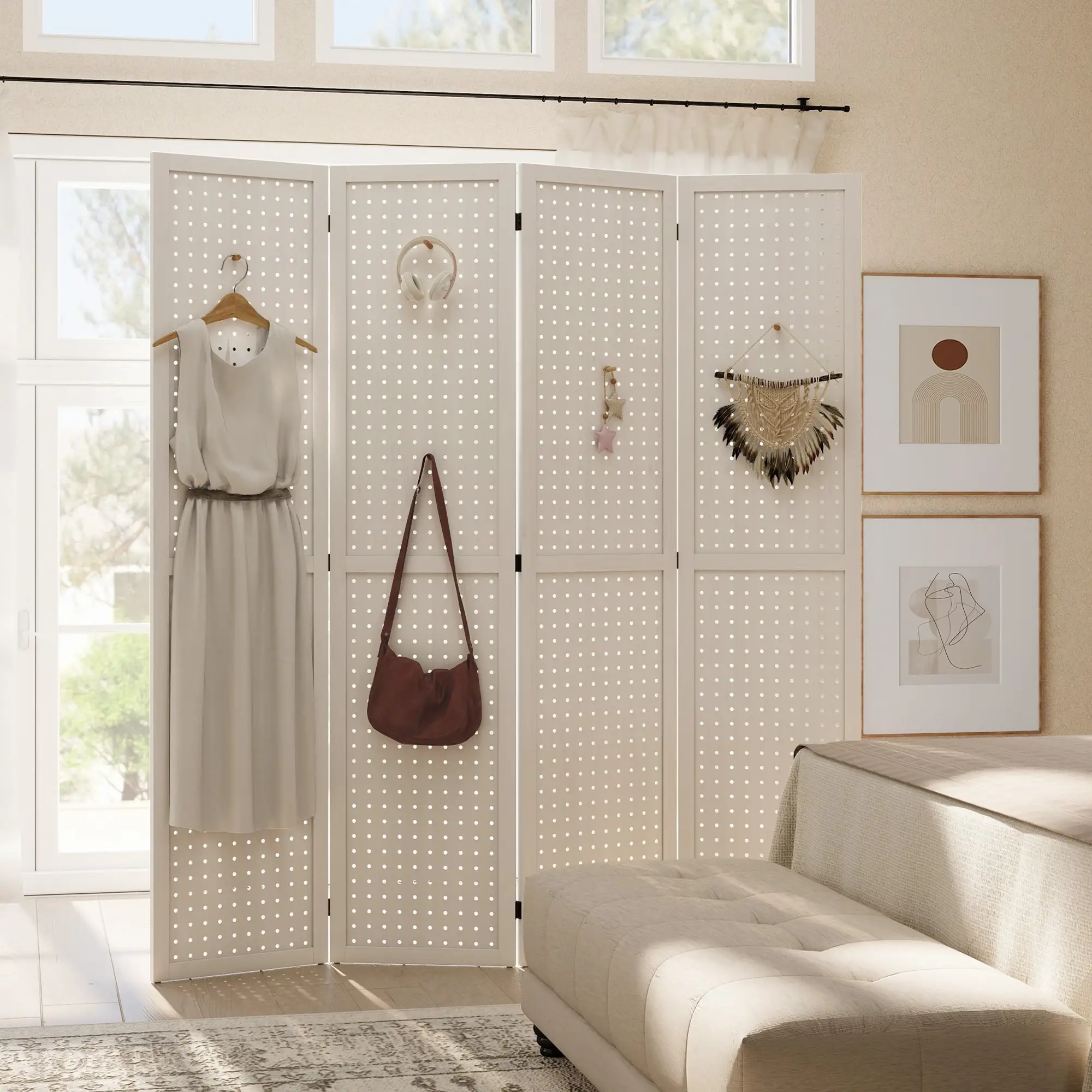 5.6 Ft. Tall 4-Panel Room Divider, Pegboard Privacy Screen, White - Image 8