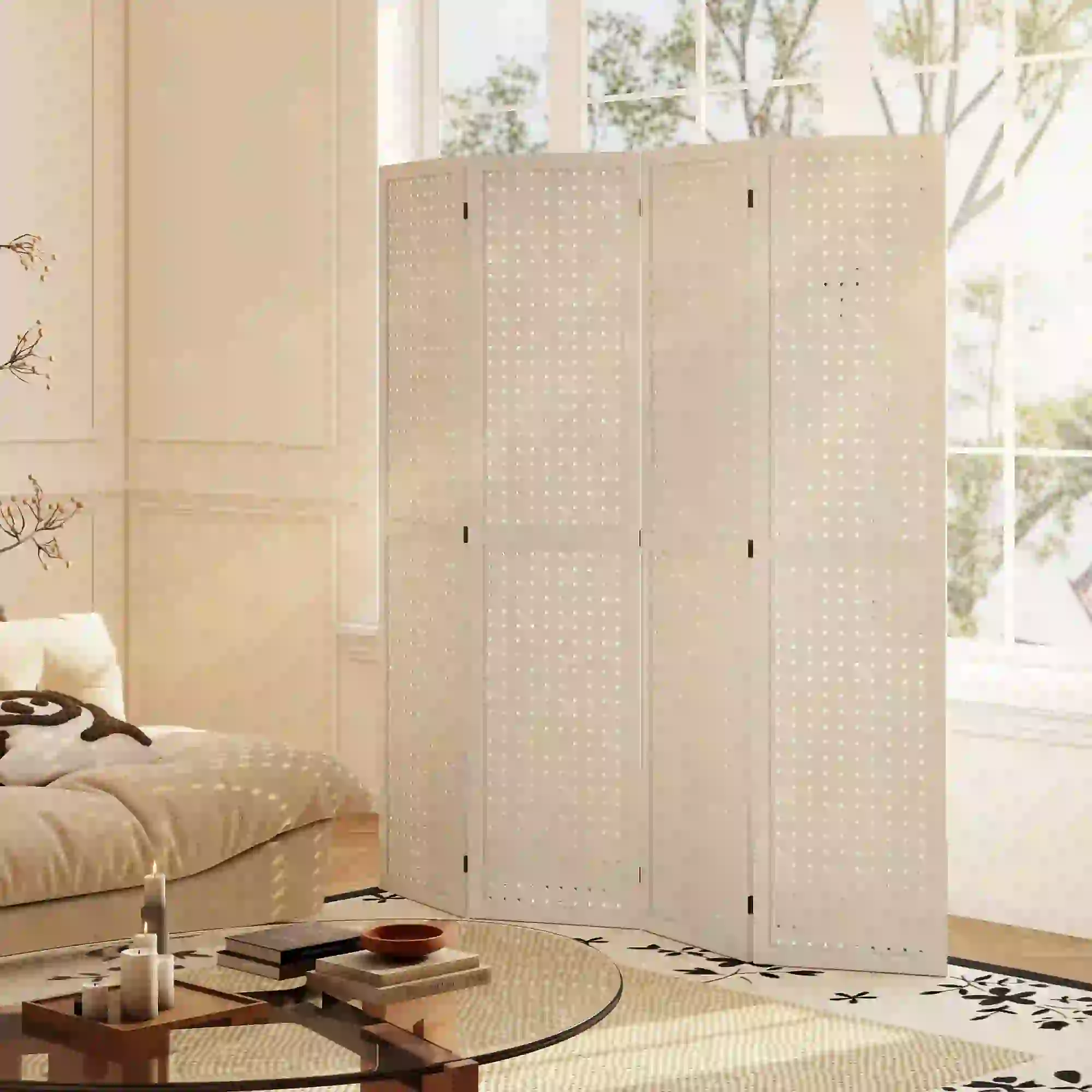 5.6 Ft. Tall 4-Panel Room Divider, Pegboard Privacy Screen, White - Image 9