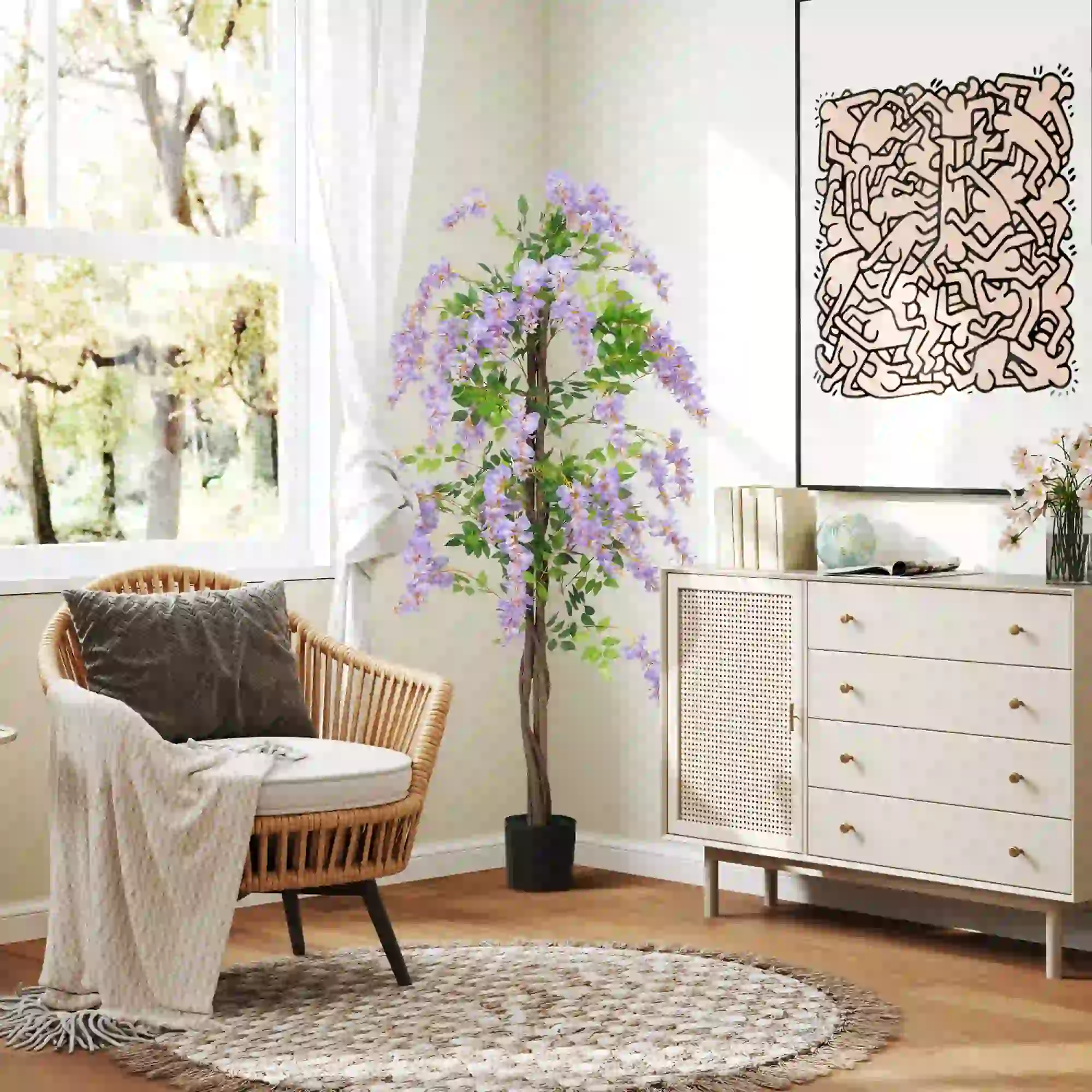 5.9FT Artificial Wisteria Tree, Natural Wood Trunk, Nursery Pot, Purple - Image 9