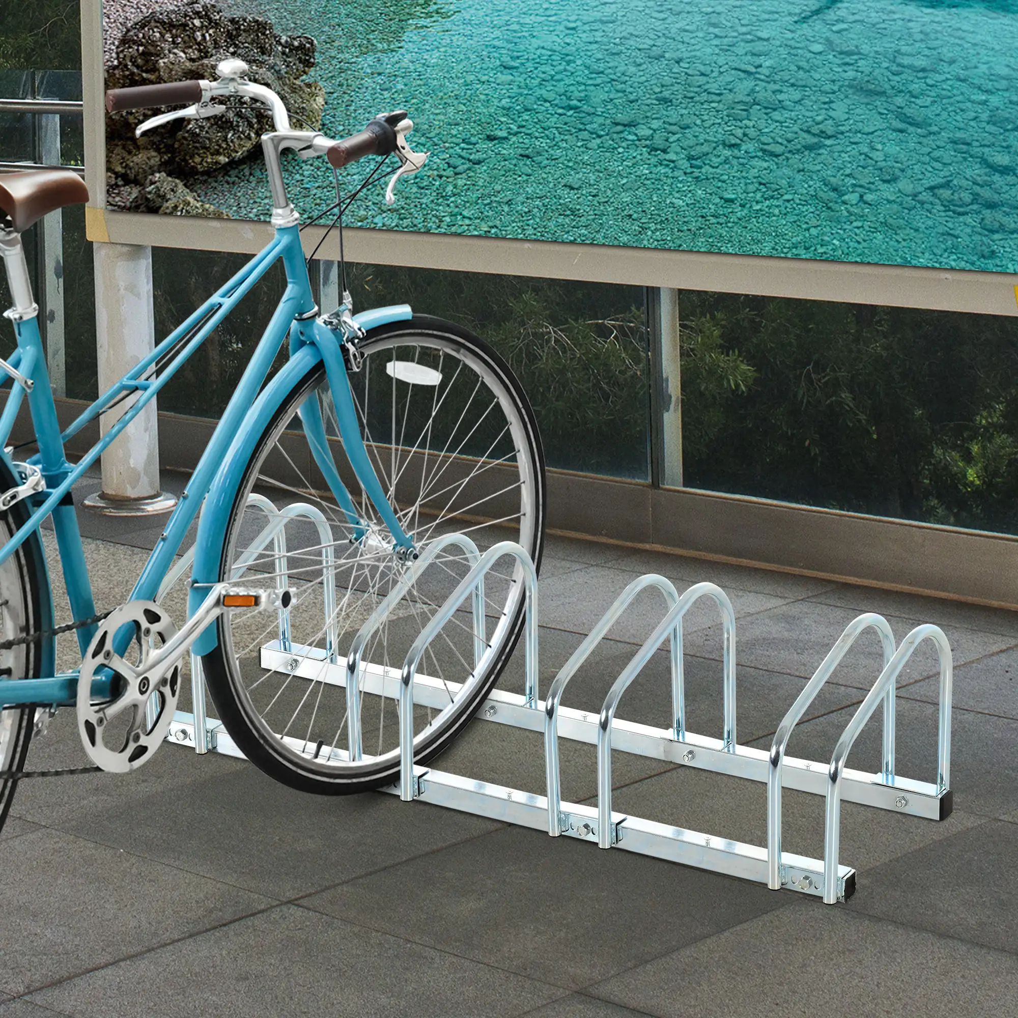 5-Bike Floor Parking Rack, Cycling Storage Stand, Silver - Image 2