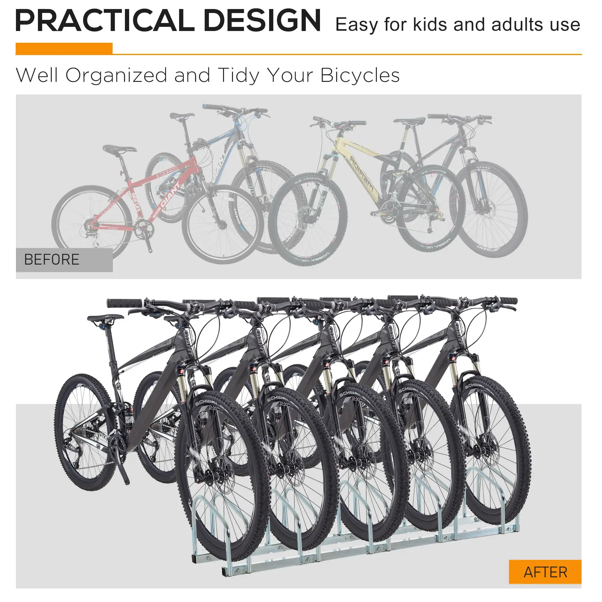 5-Bike Floor Parking Rack, Cycling Storage Stand, Silver - Image 7