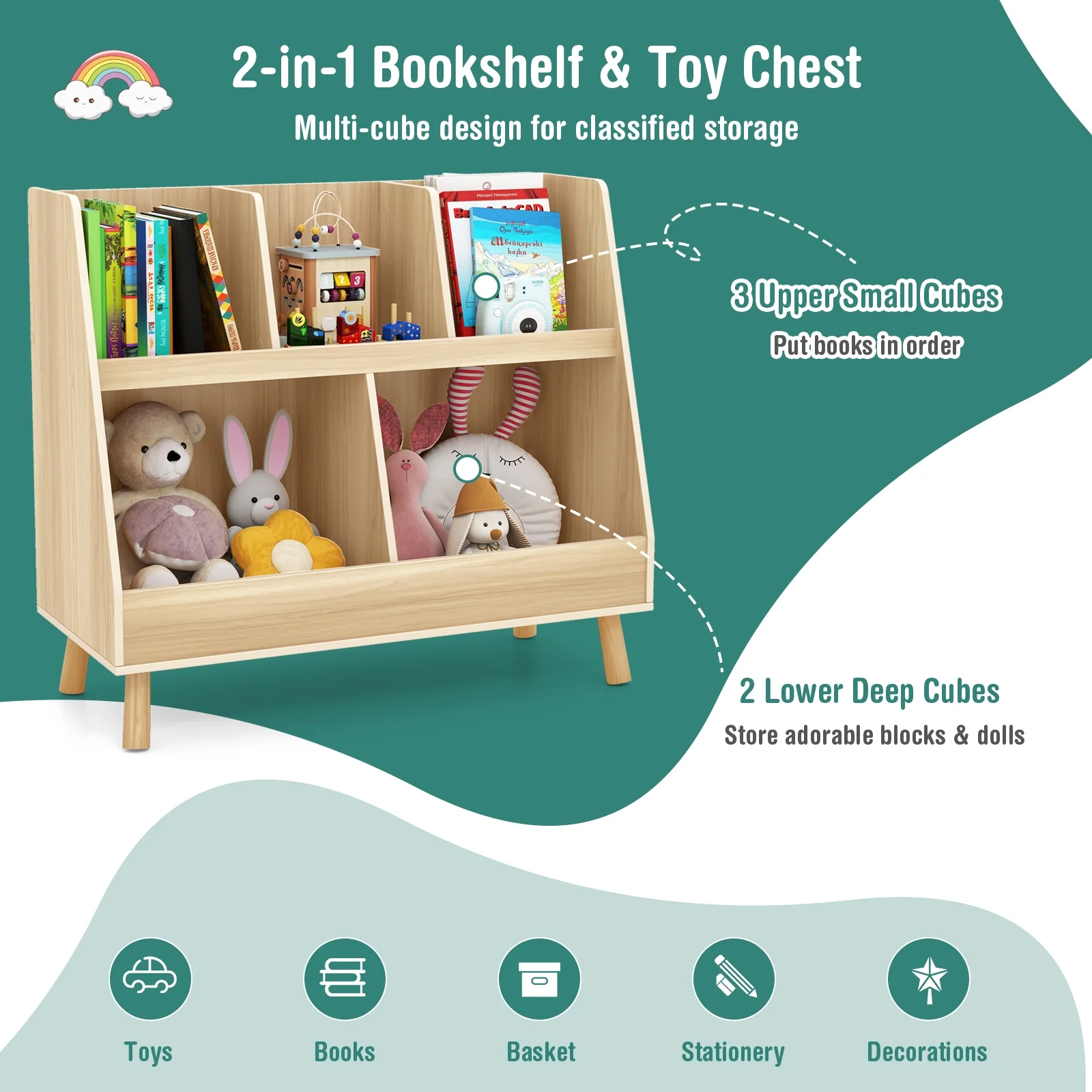 5-Cube Kids Bookshelf Toy Organizer, Oak - Image 10