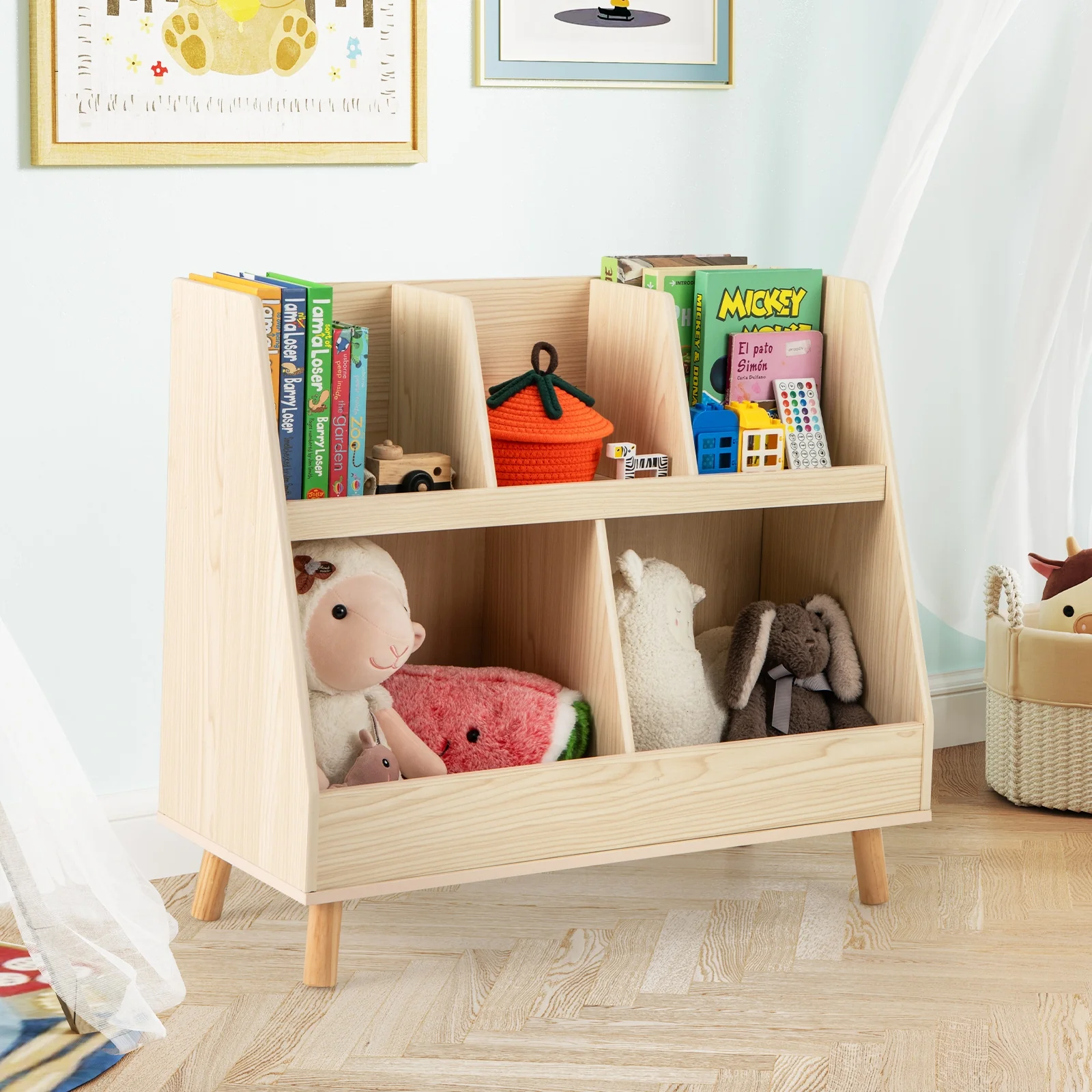 5-Cube Kids Bookshelf Toy Organizer, Oak - Image 2