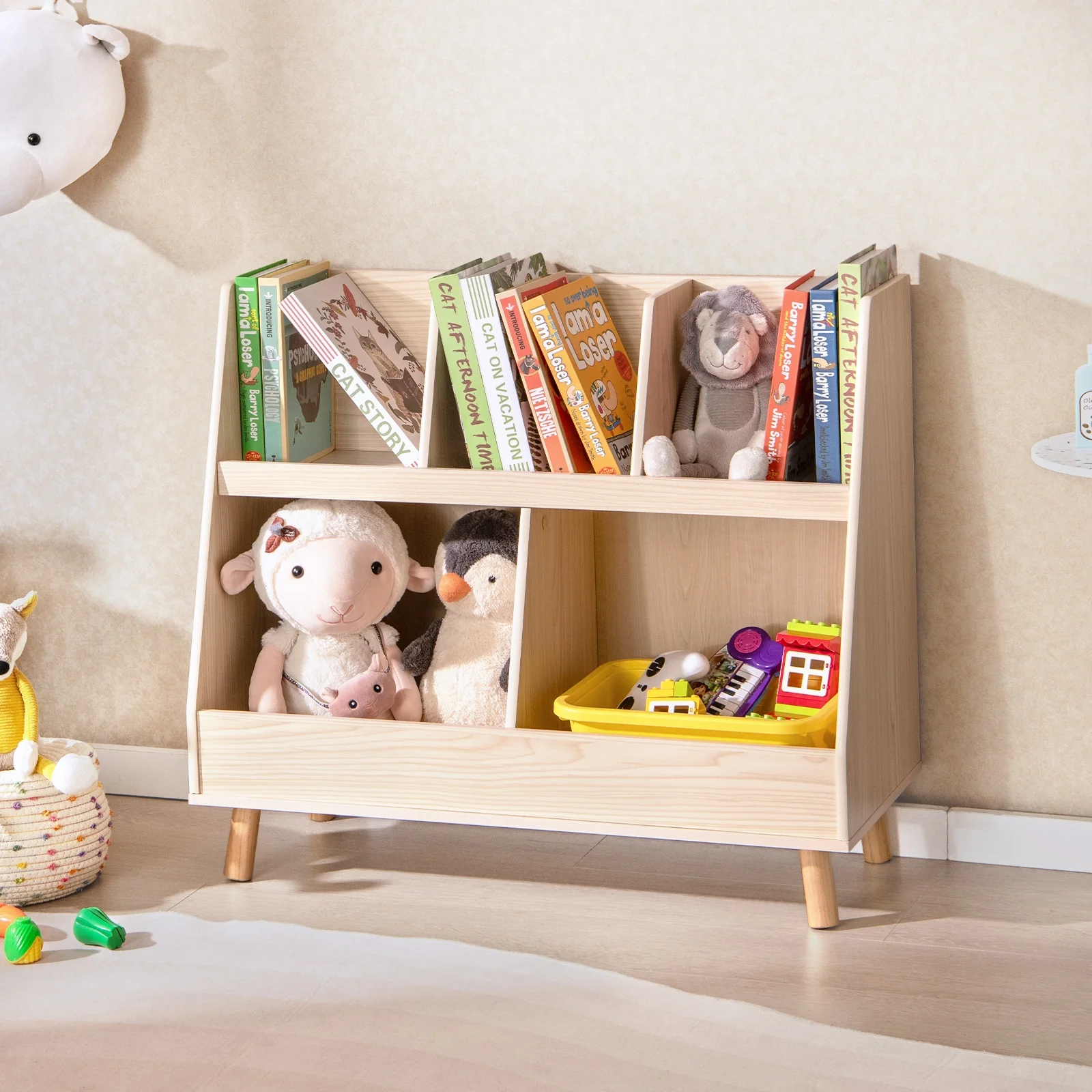 5-Cube Kids Bookshelf Toy Organizer, Oak - Image 3