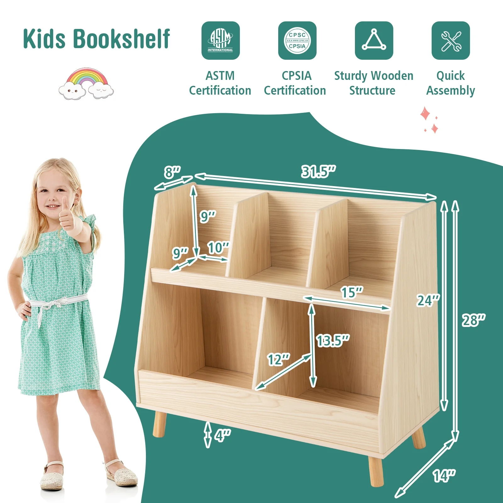 5-Cube Kids Bookshelf Toy Organizer, Oak - Image 6