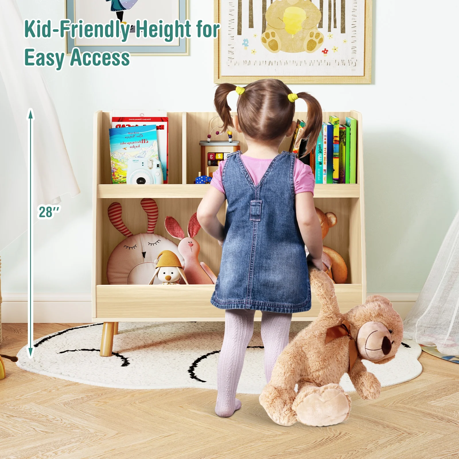 5-Cube Kids Bookshelf Toy Organizer, Oak - Image 7
