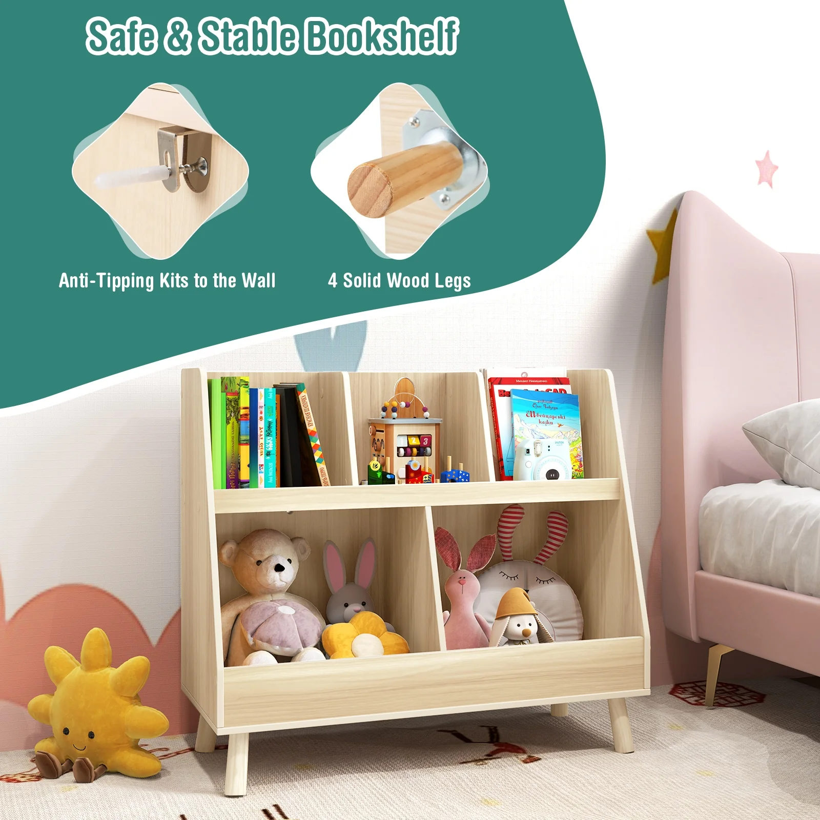 5-Cube Kids Bookshelf Toy Organizer, Oak - Image 8