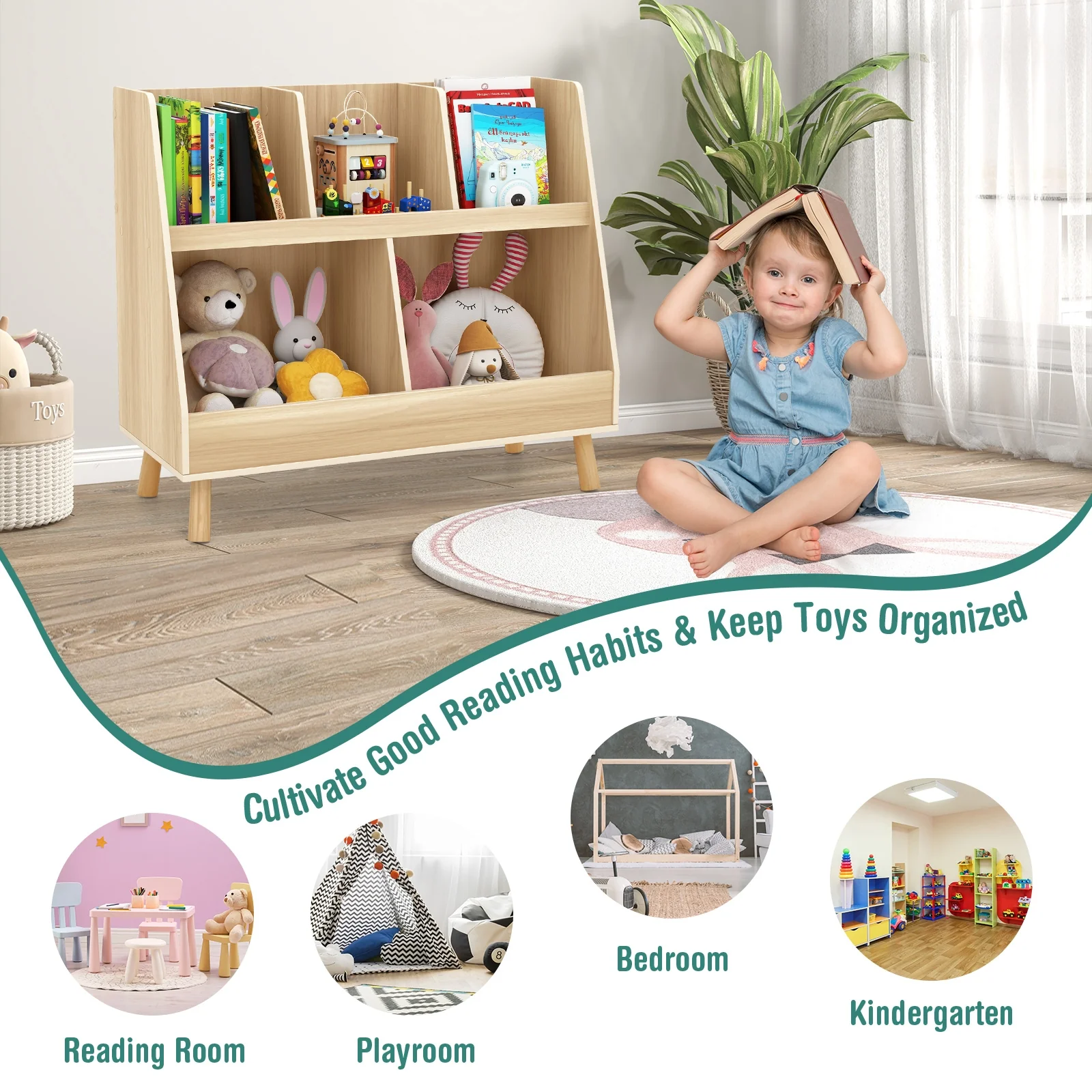 5-Cube Kids Bookshelf Toy Organizer, Oak - Image 9