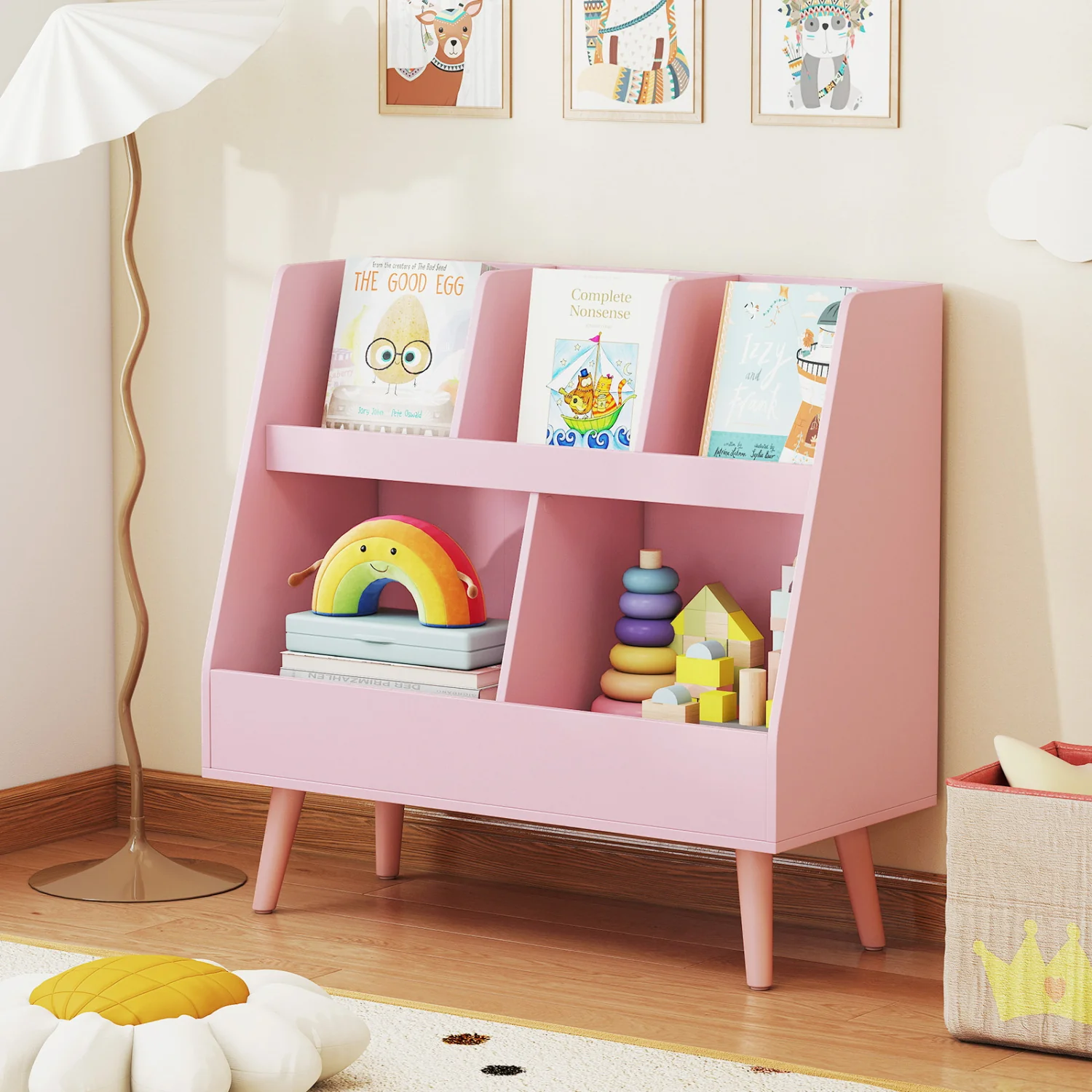 5-Cube Kids Bookshelf, Toy Organizer With Anti-Tipping, Pink - Image 2