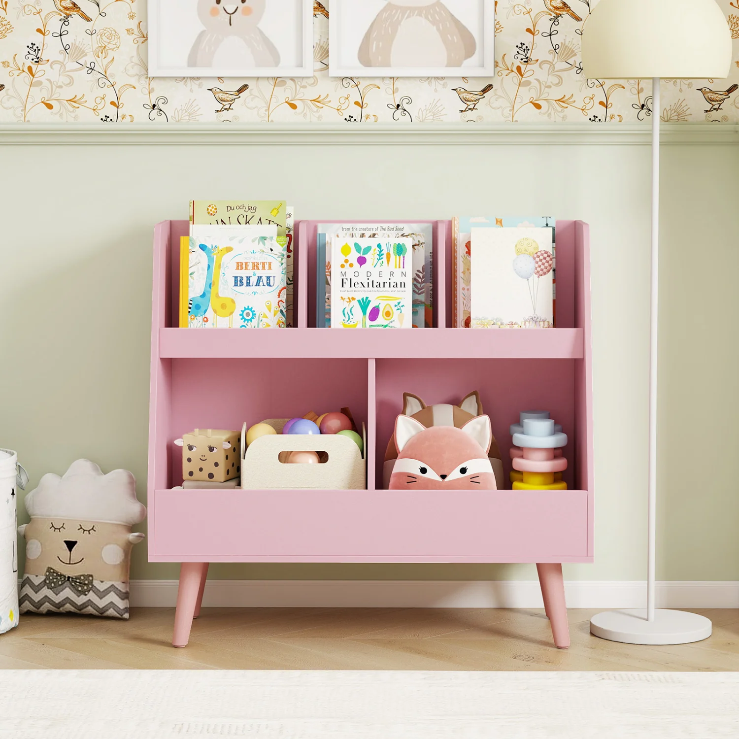 5-Cube Kids Bookshelf, Toy Organizer With Anti-Tipping, Pink - Image 3