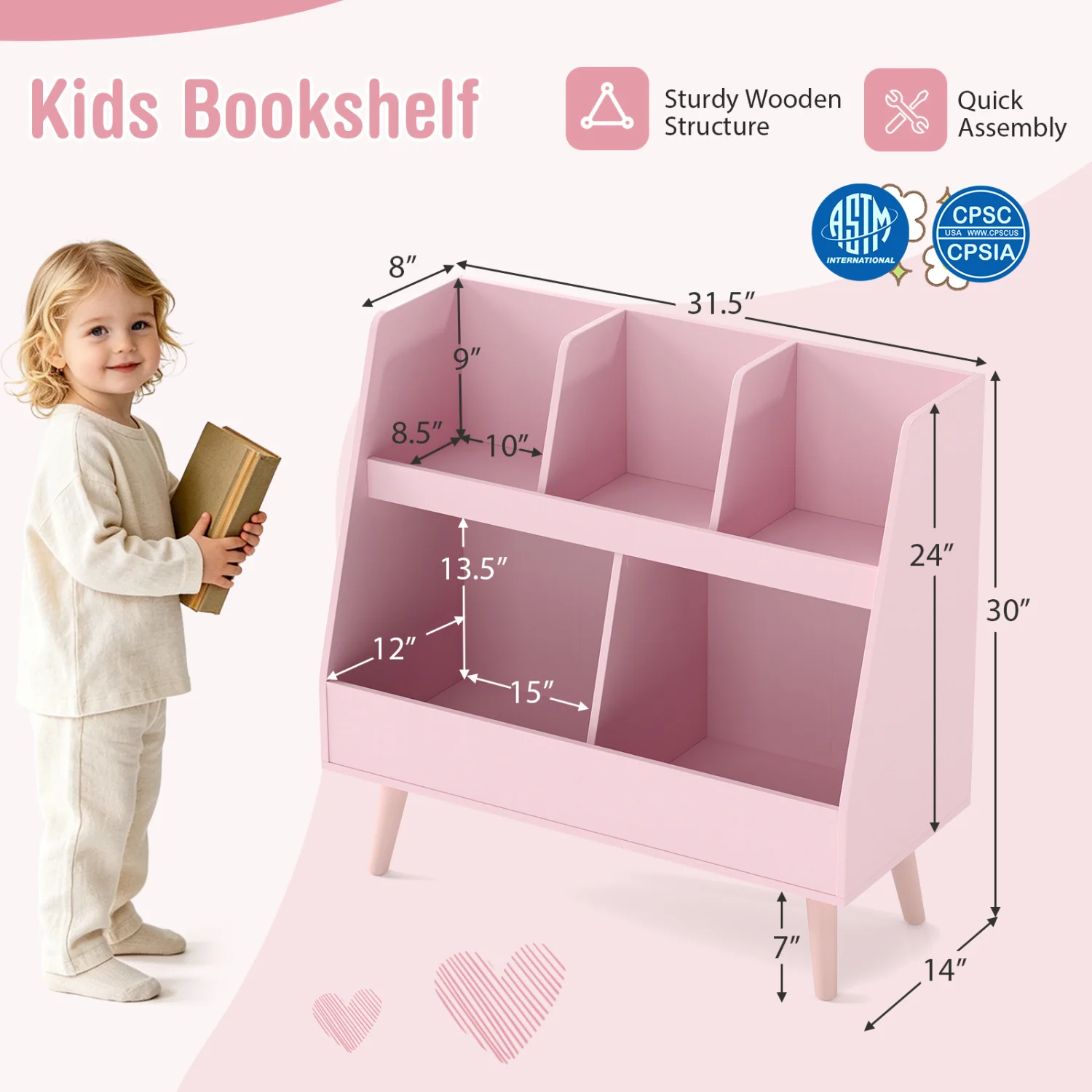 5-Cube Kids Bookshelf, Toy Organizer With Anti-Tipping, Pink - Image 5