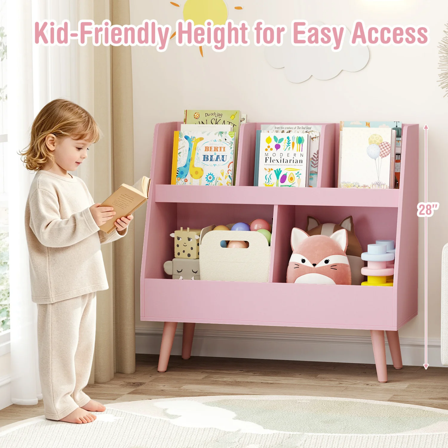 5-Cube Kids Bookshelf, Toy Organizer With Anti-Tipping, Pink - Image 6