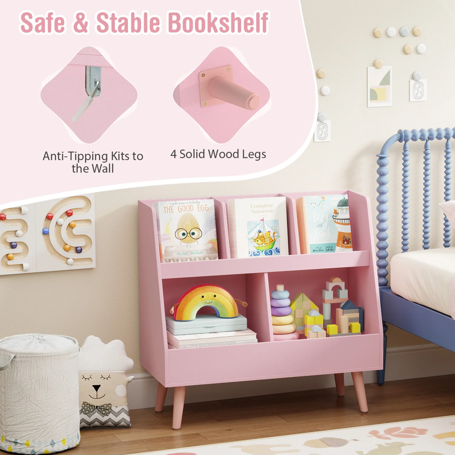 5-Cube Kids Bookshelf, Toy Organizer With Anti-Tipping, Pink - Image 7