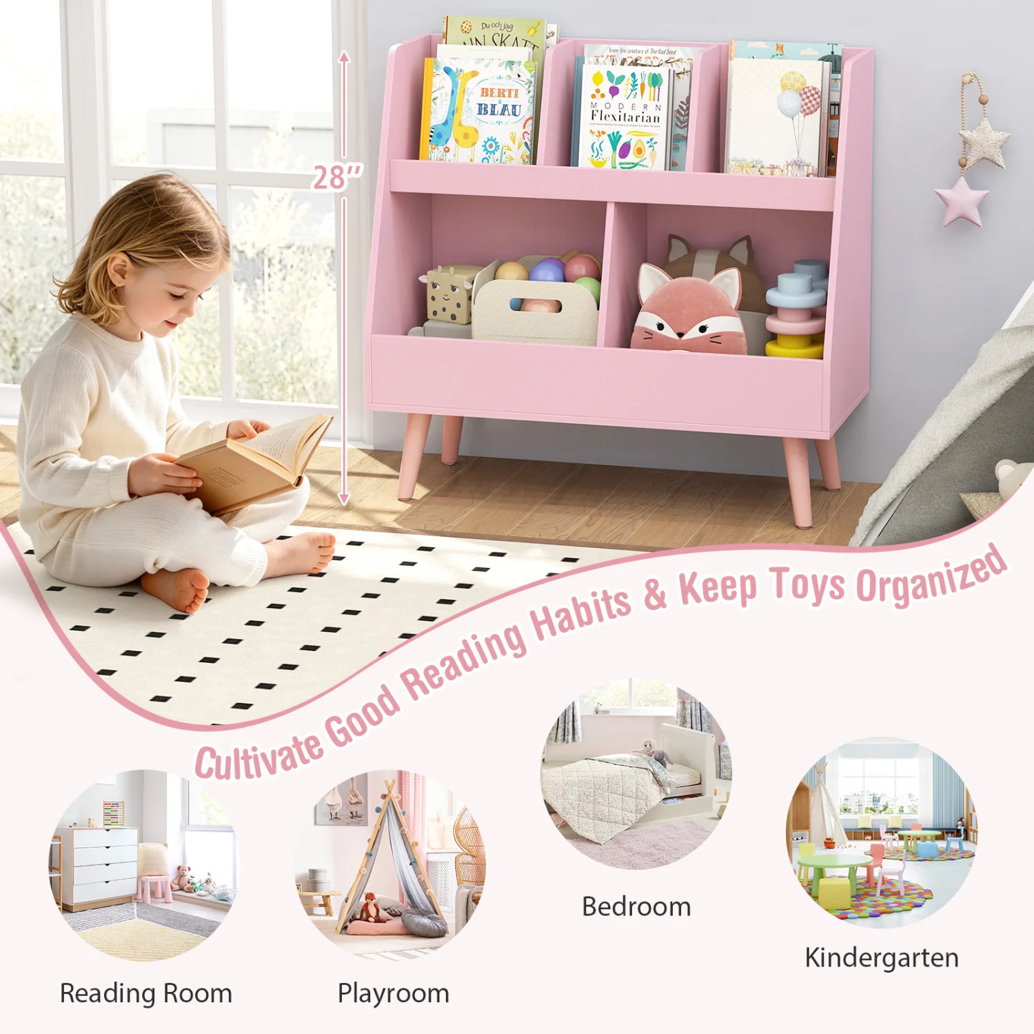 5-Cube Kids Bookshelf, Toy Organizer With Anti-Tipping, Pink - Image 9