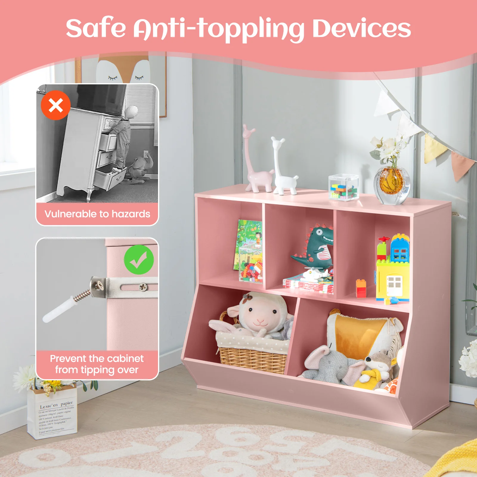 5-Cube Wooden Kids Toy Storage Organizer, Pink - Image 10