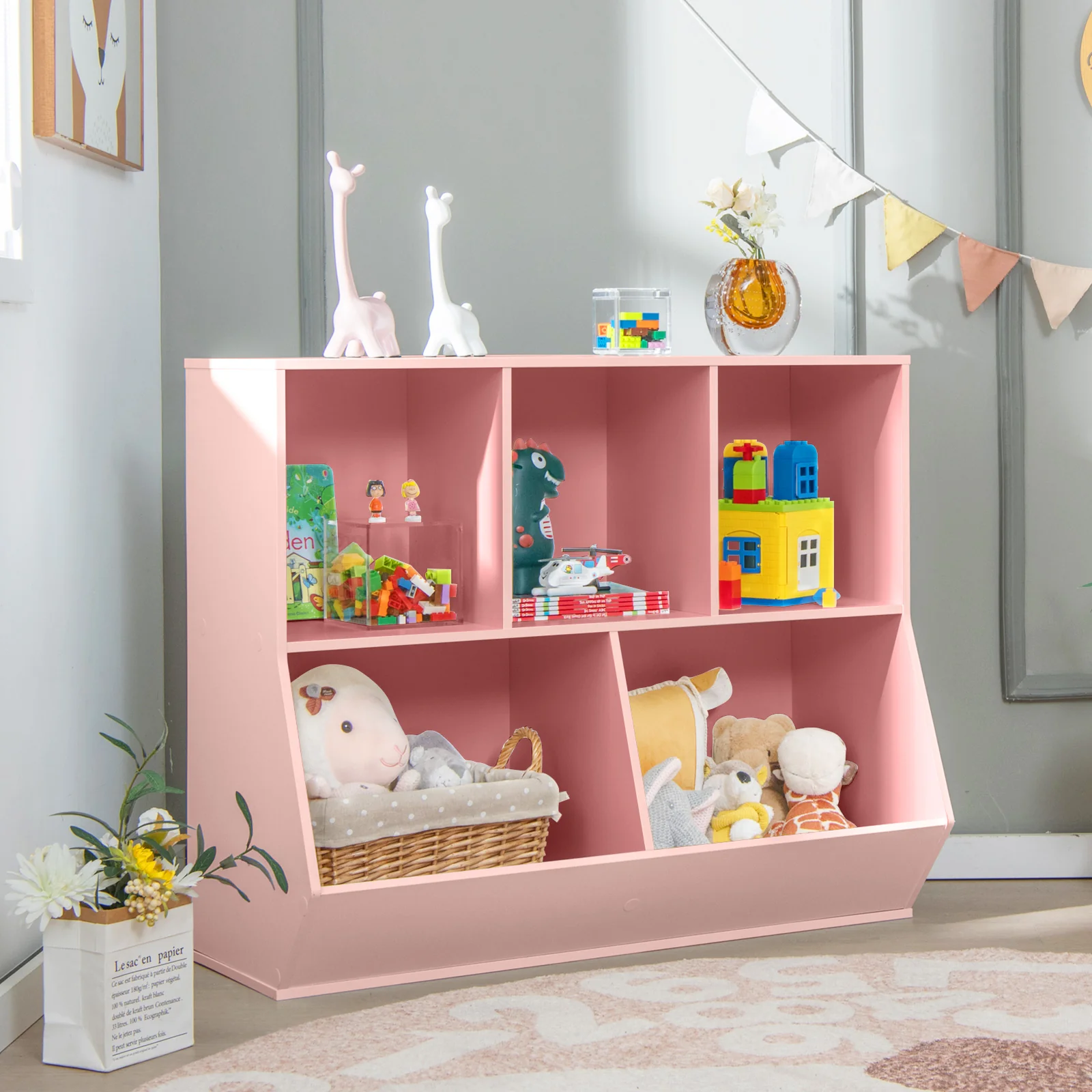 5-Cube Wooden Kids Toy Storage Organizer, Pink - Image 2