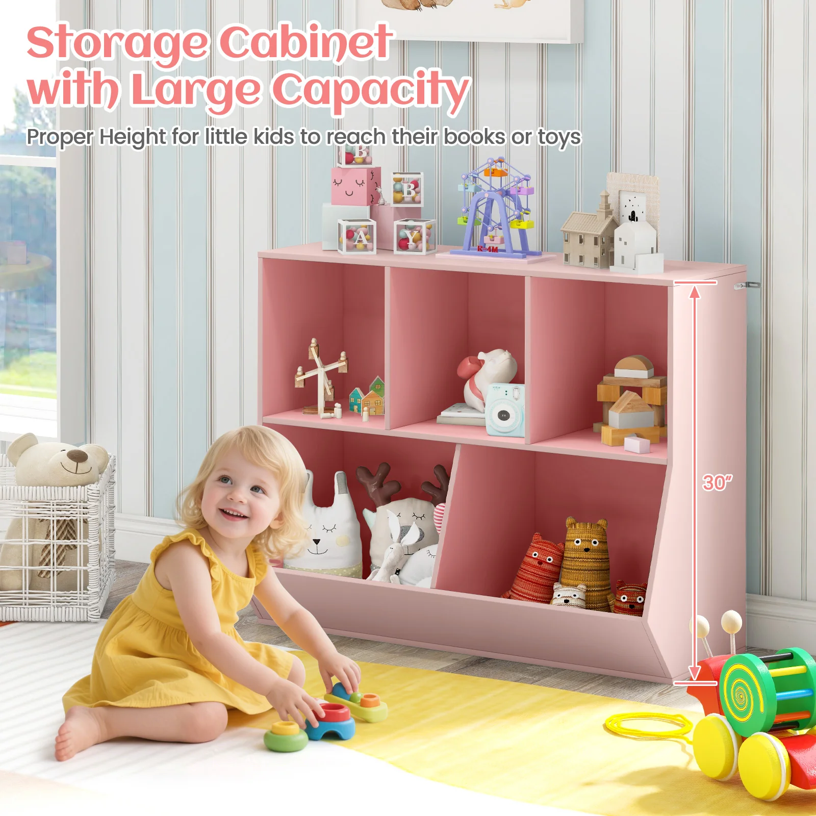 5-Cube Wooden Kids Toy Storage Organizer, Pink - Image 7