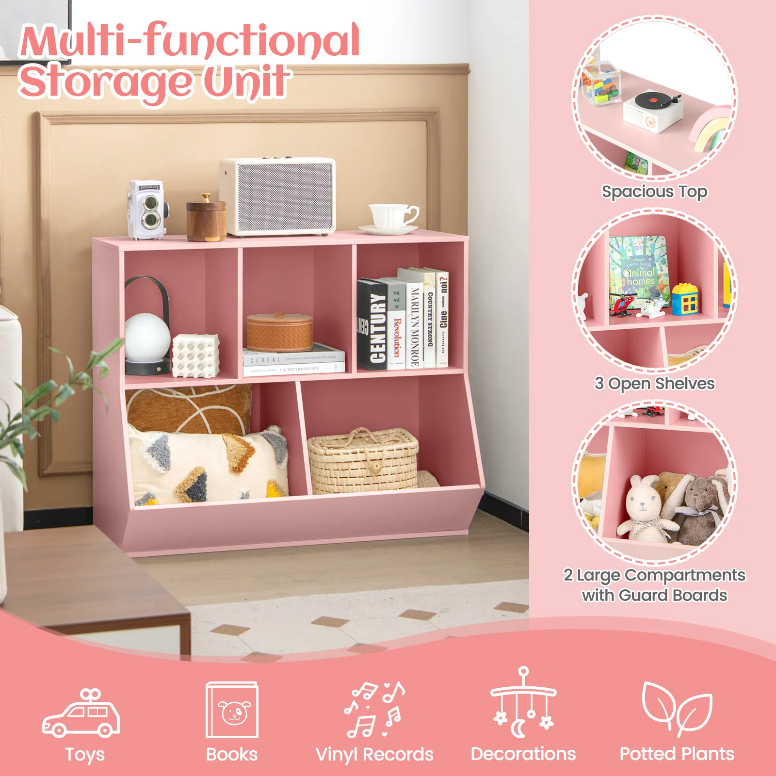 5-Cube Wooden Kids Toy Storage Organizer, Pink - Image 9