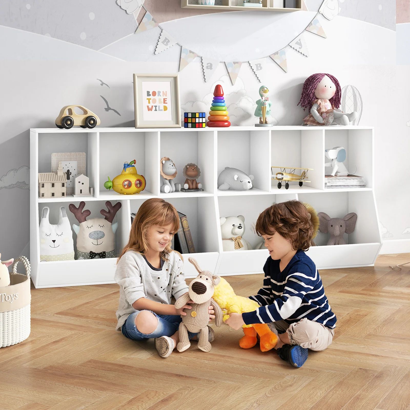 5-Cube Wooden Kids Toy Storage Organizer, White - Image 3