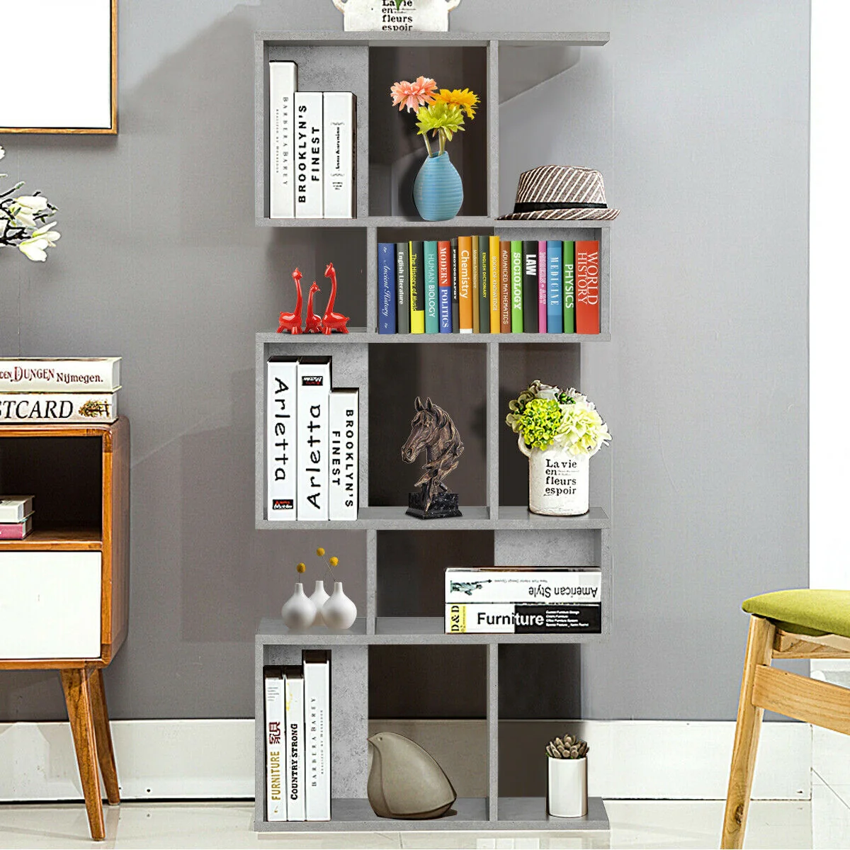 5 Cubes Ladder Shelf, Corner Bookshelf Display Rack, Gray - Image 8