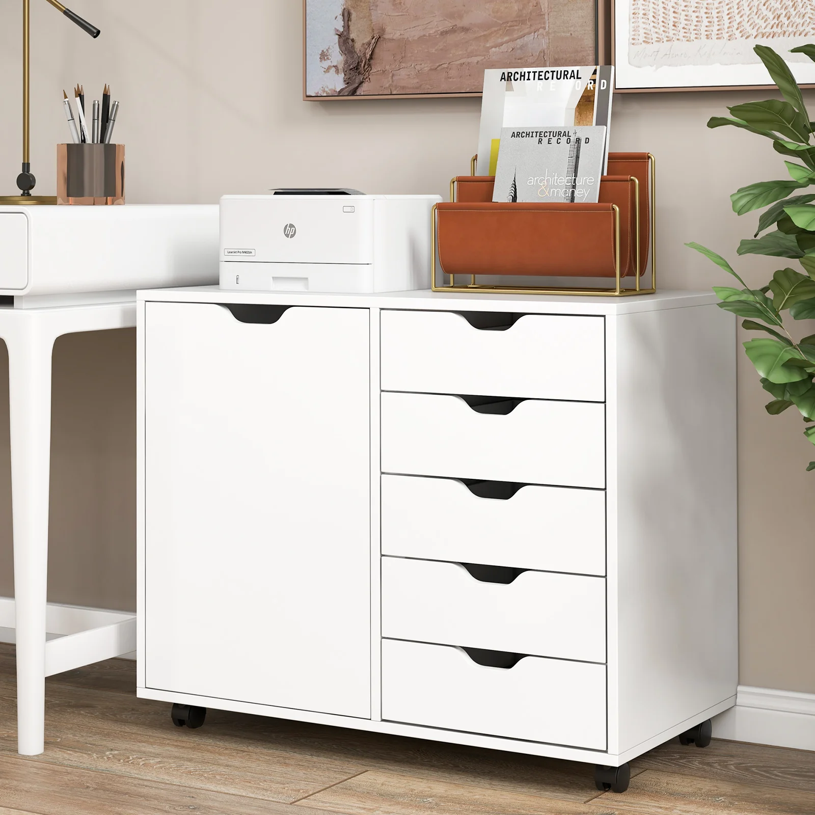 5-Drawer Dresser Chest, Mobile Storage Cabinet With Door, White - Image 2