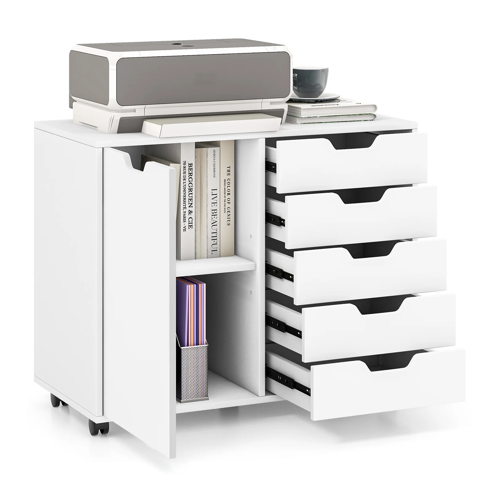 5-Drawer Dresser Chest, Mobile Storage Cabinet With Door, White - Image 5
