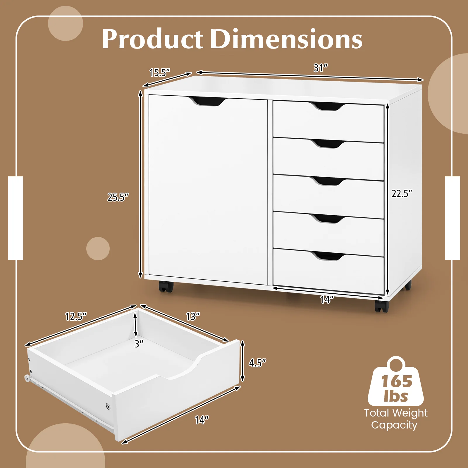 5-Drawer Dresser Chest, Mobile Storage Cabinet With Door, White - Image 6