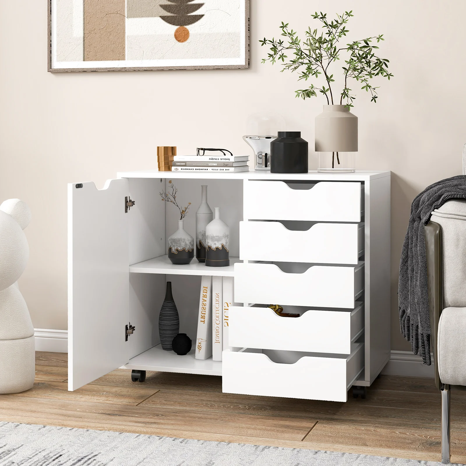 5-Drawer Dresser Chest, Mobile Storage Cabinet With Door, White - Image 7