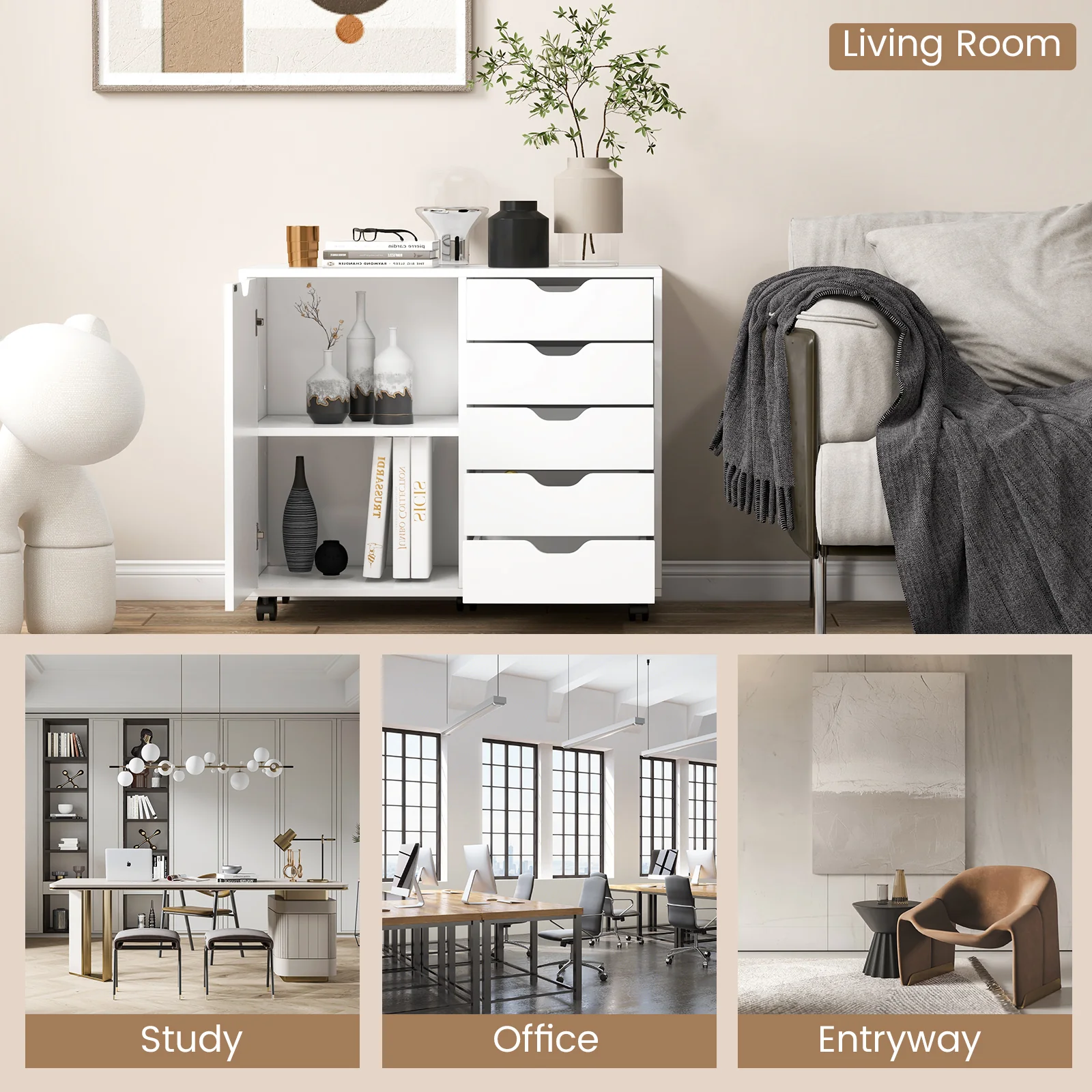 5-Drawer Dresser Chest, Mobile Storage Cabinet With Door, White - Image 8
