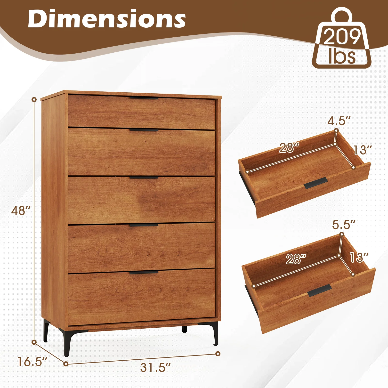 5-Drawer Dresser, Interlock System, Cherry - Image 6
