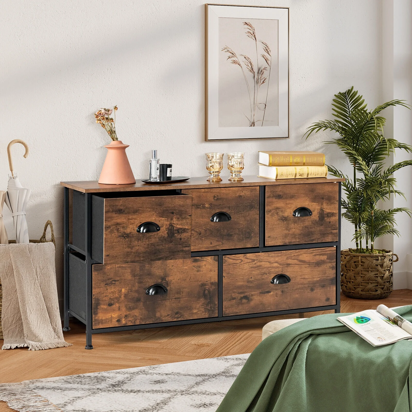 5 Drawer Dresser Organizer, Wooden Top, Rustic Brown - Image 2