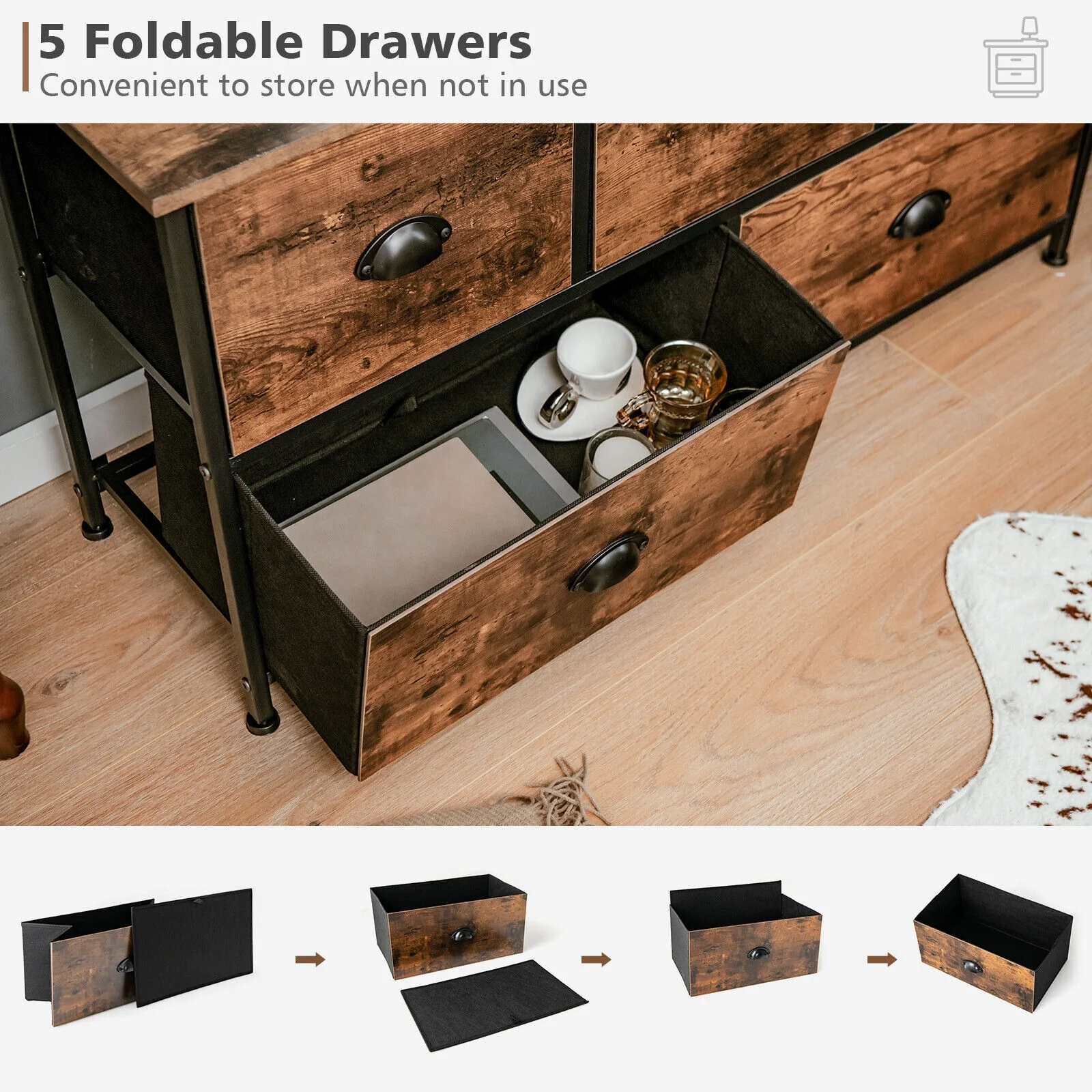 5 Drawer Dresser Organizer, Wooden Top, Rustic Brown - Image 6