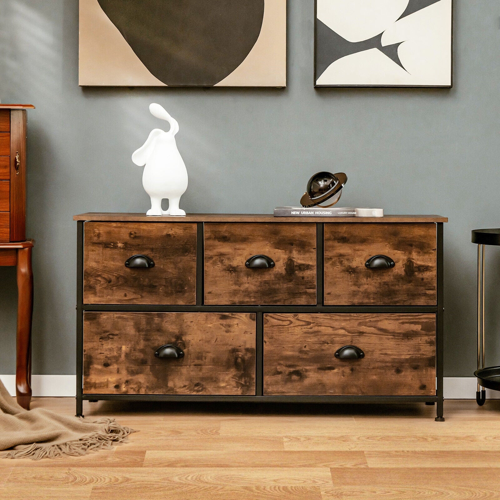 5 Drawer Dresser Organizer, Wooden Top, Rustic Brown - Image 7