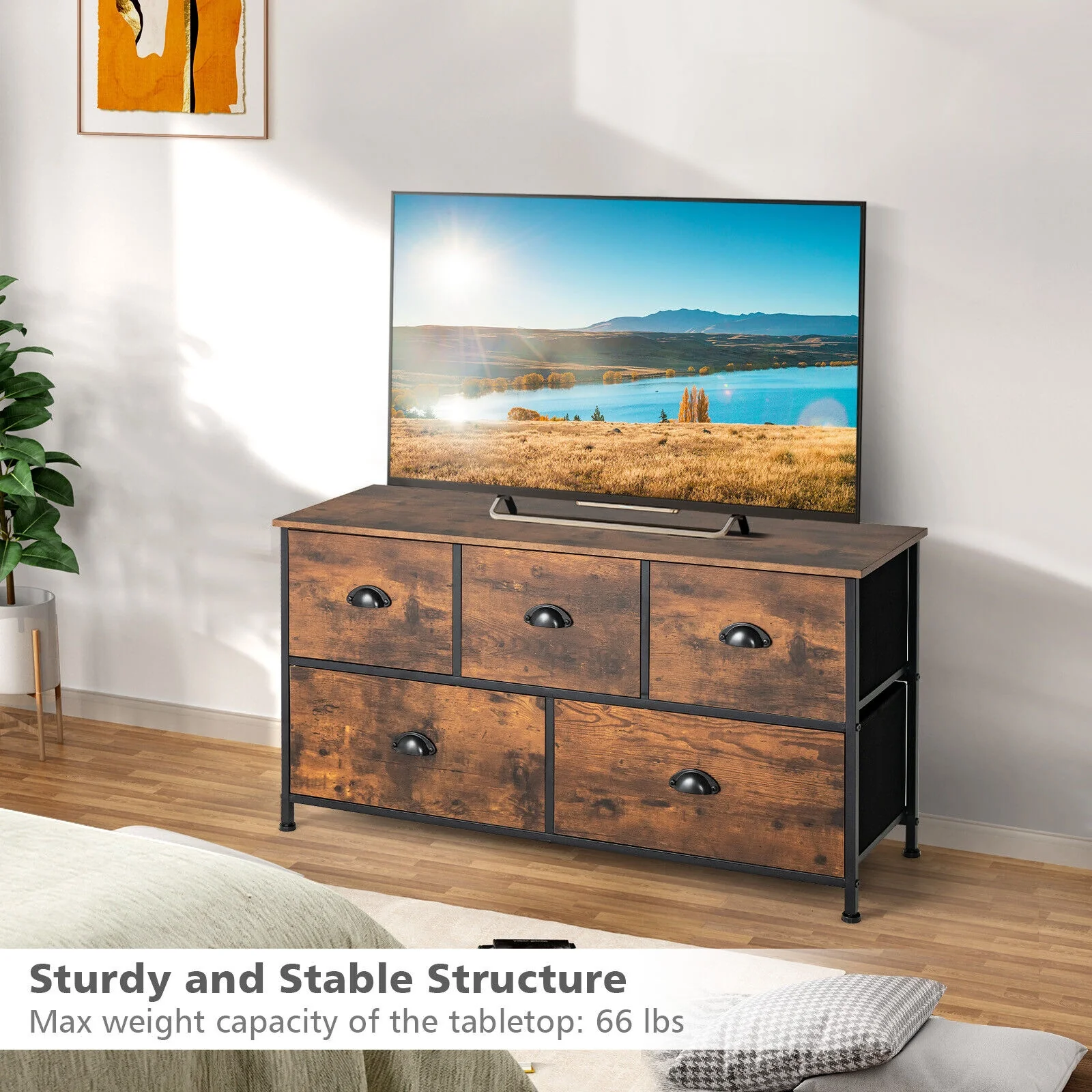 5 Drawer Dresser Organizer, Wooden Top, Rustic Brown - Image 8
