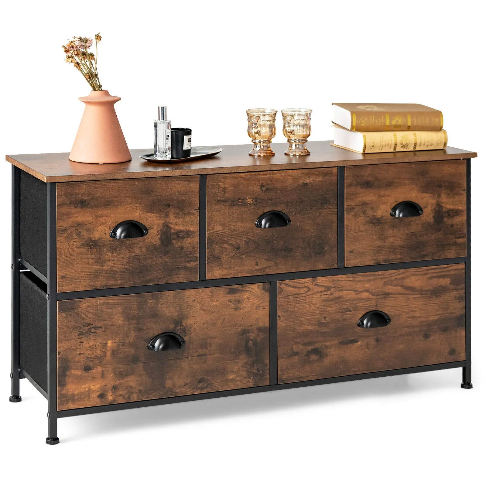 5 Drawer Dresser Organizer, Wooden Top, Rustic Brown - Image 9
