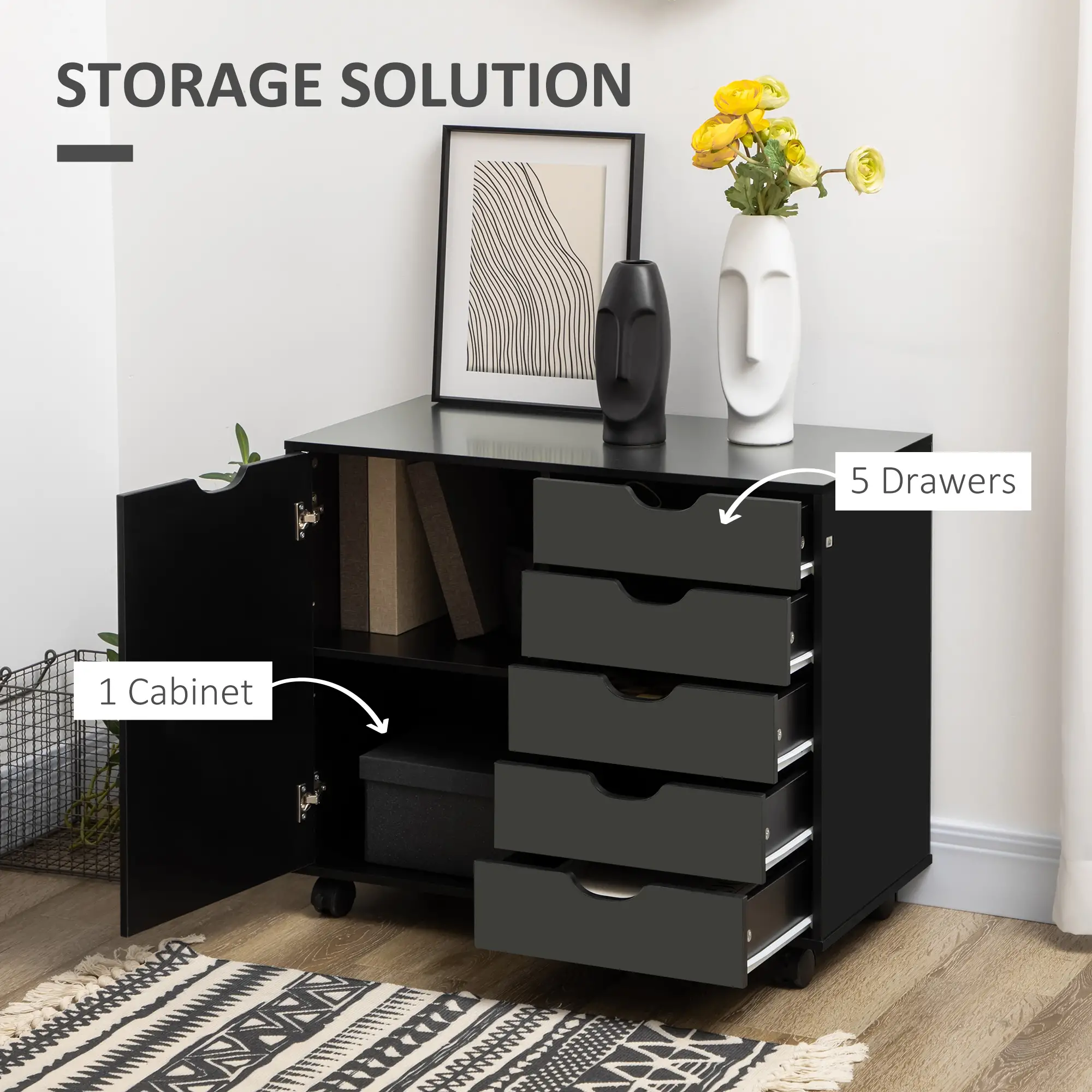 5-Drawer Lateral Filing Cabinet with Door, Adjustable Shelf, Wheels, Black - Image 4