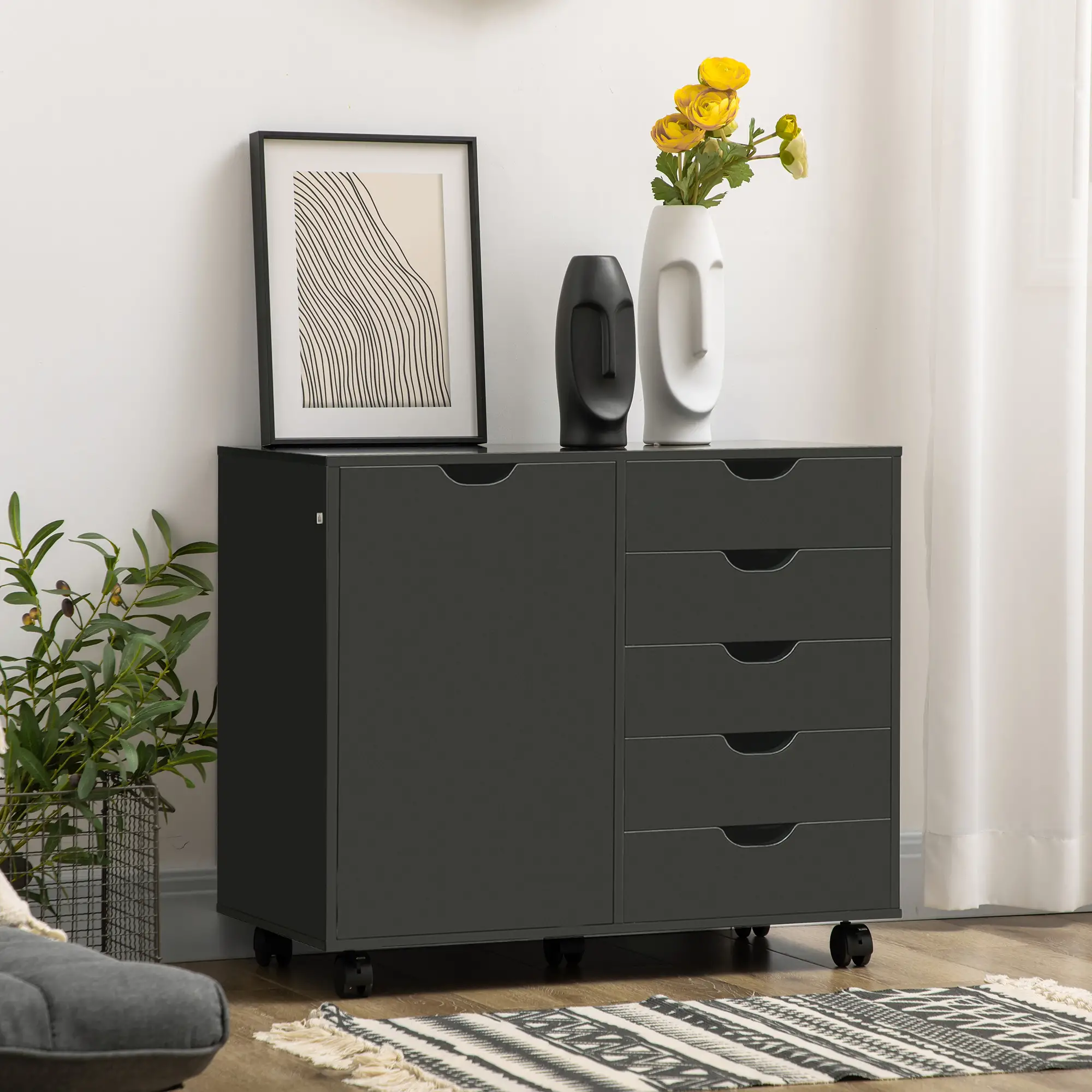5-Drawer Lateral Filing Cabinet with Door, Adjustable Shelf, Wheels, Black - Image 8