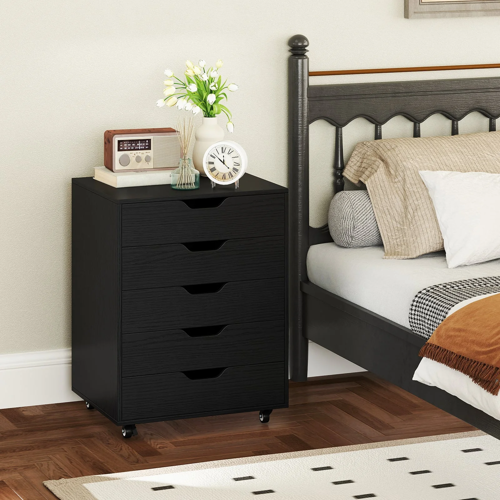 5 Drawer Mobile File Cabinet With Wheels, Black - Image 3