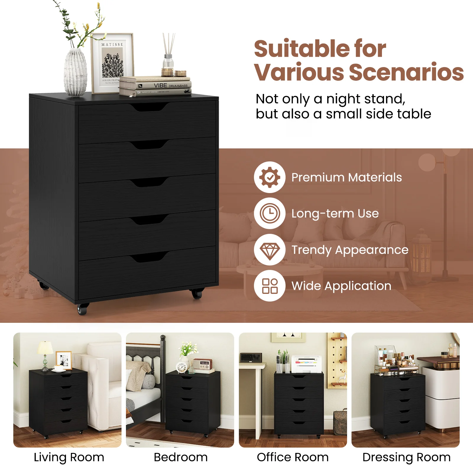 5 Drawer Mobile File Cabinet With Wheels, Black - Image 9