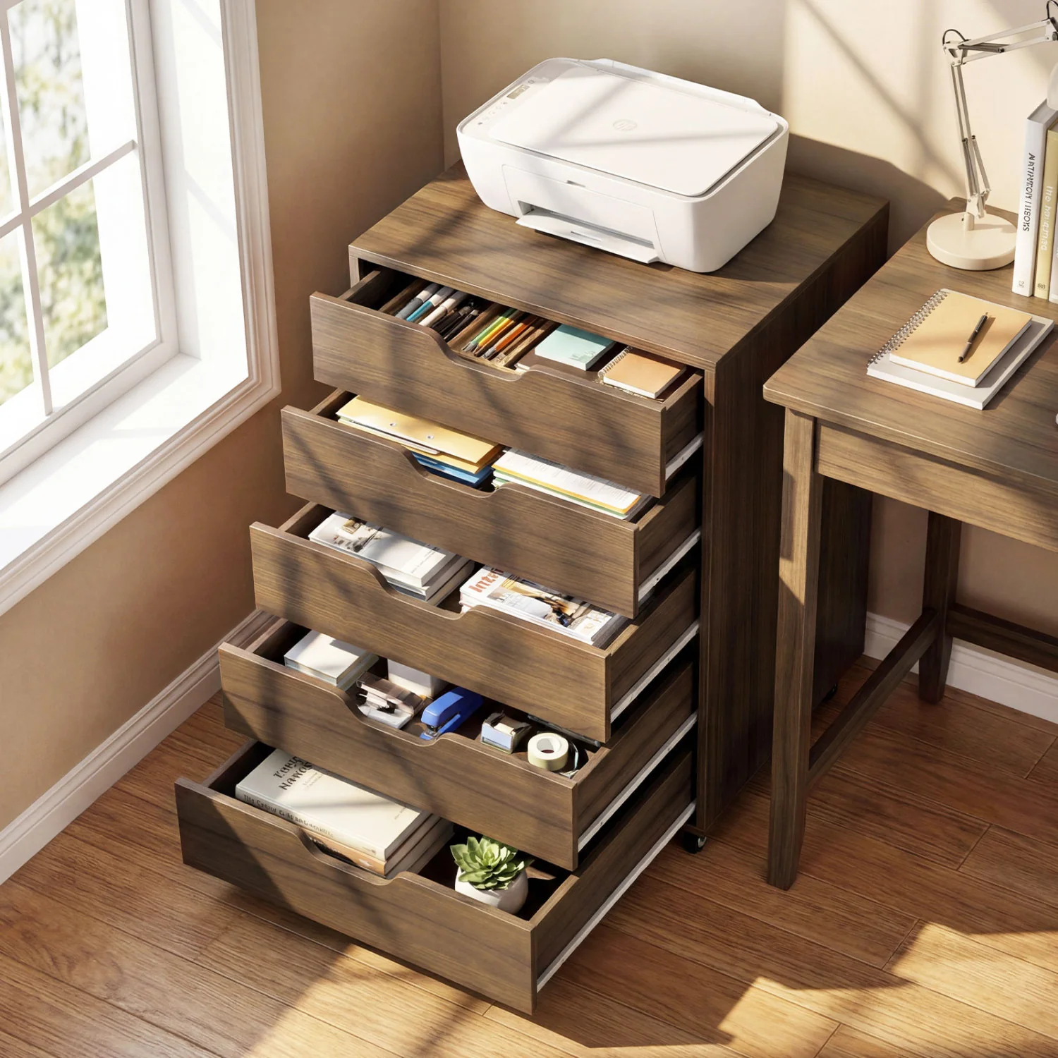 5 Drawer Mobile File Cabinet with Wheels for Living Room, Walnut - Image 3