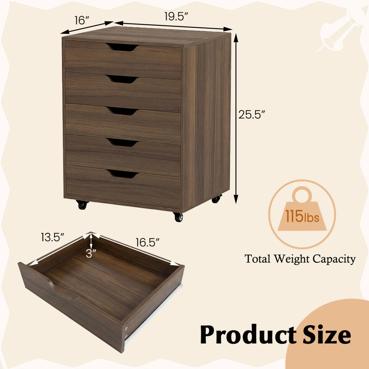 5 Drawer Mobile File Cabinet with Wheels for Living Room, Walnut - Image 5