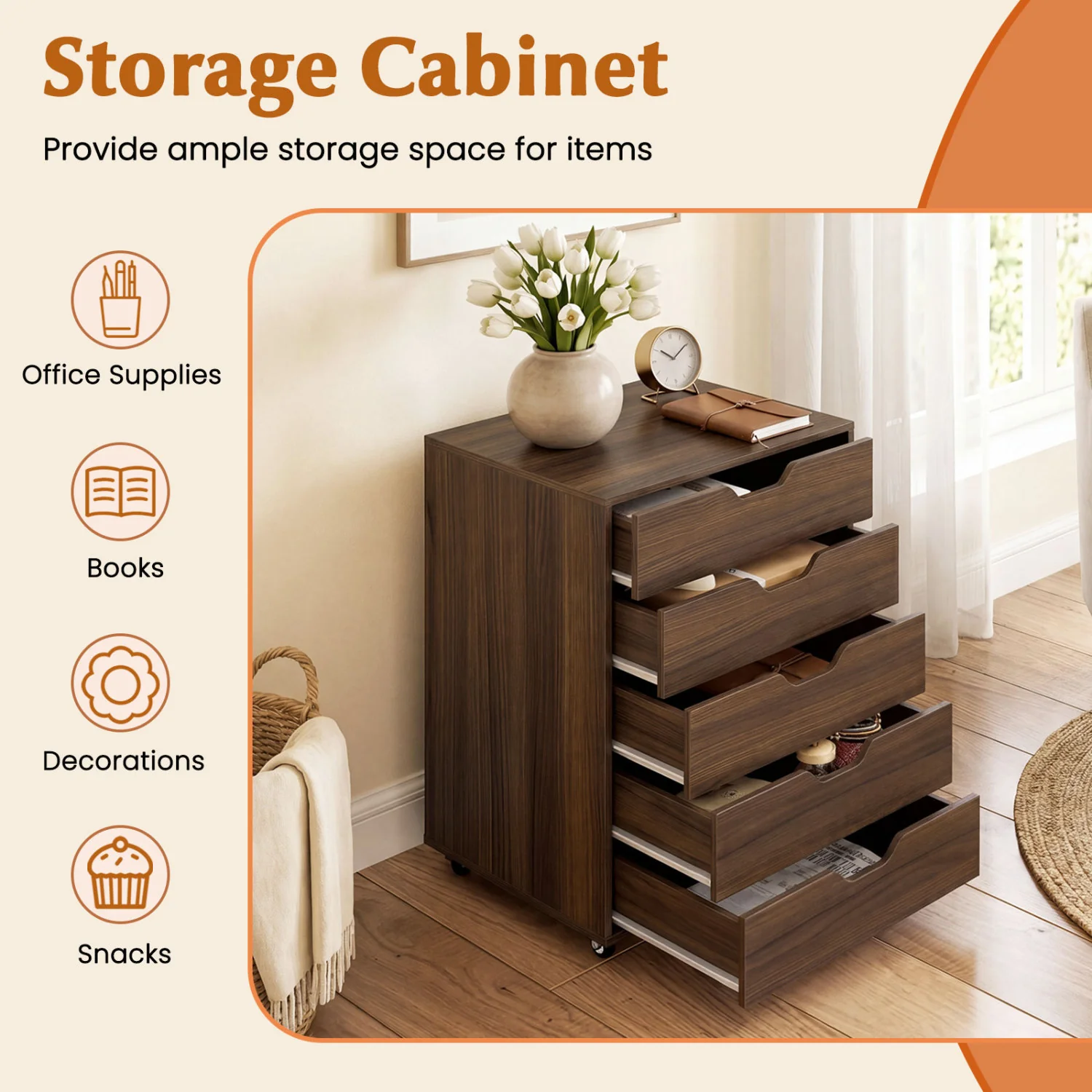 5 Drawer Mobile File Cabinet with Wheels for Living Room, Walnut - Image 7