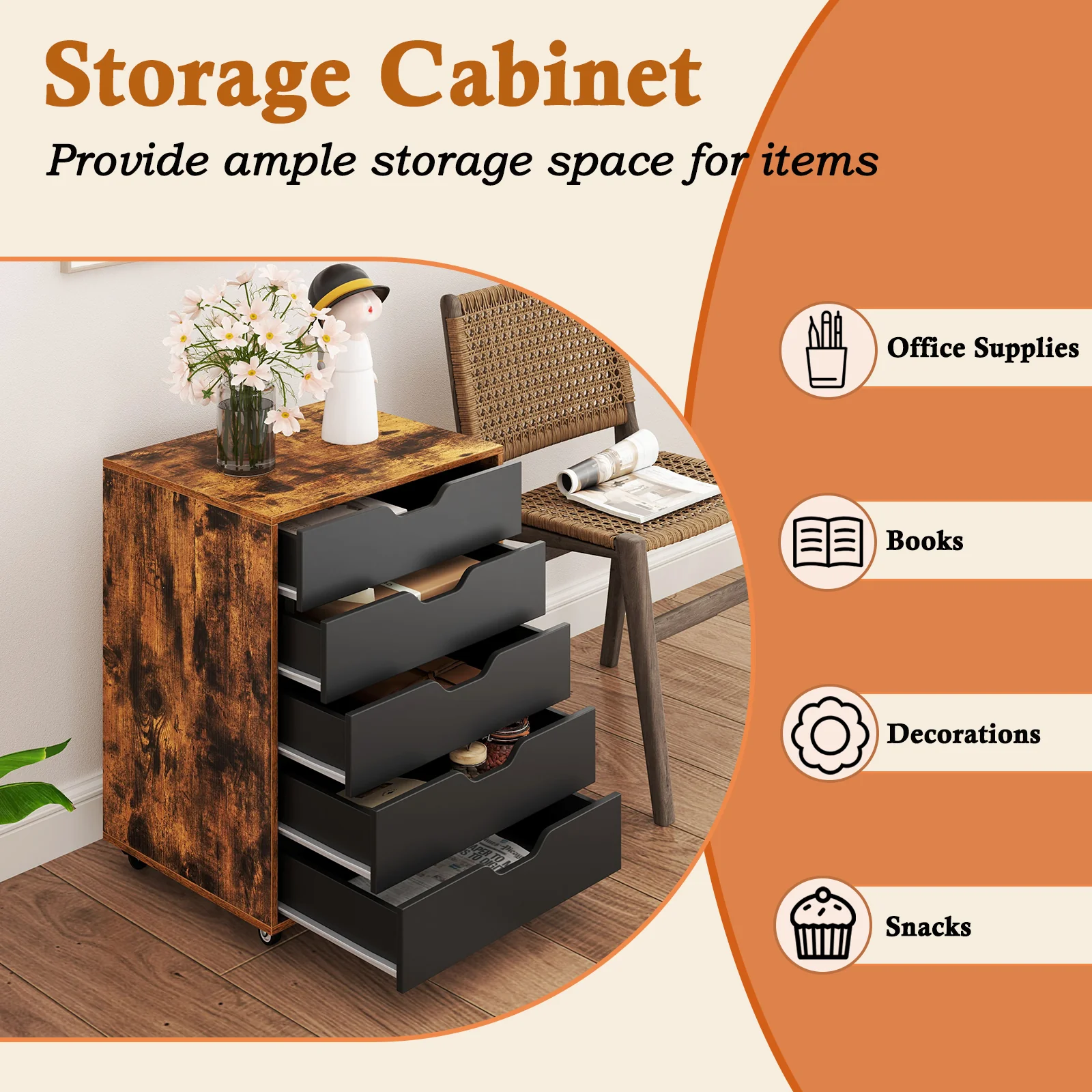 5 Drawer Mobile Lateral Filing Cabinet, Rustic Brown - Image 9