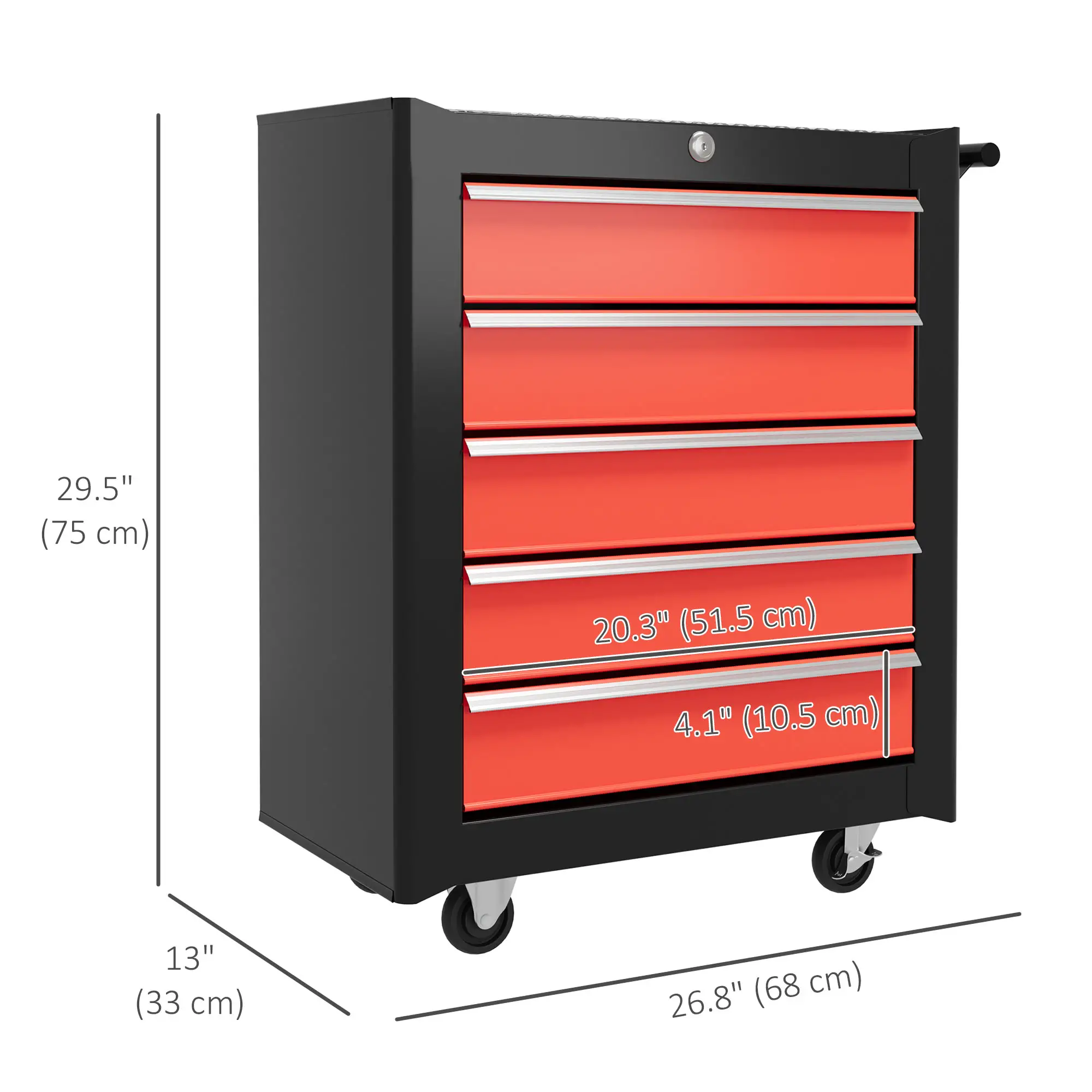 5 Drawer Roller Tool Chest, Lockable Toolbox, Storage Organizer, Black Red - Image 3