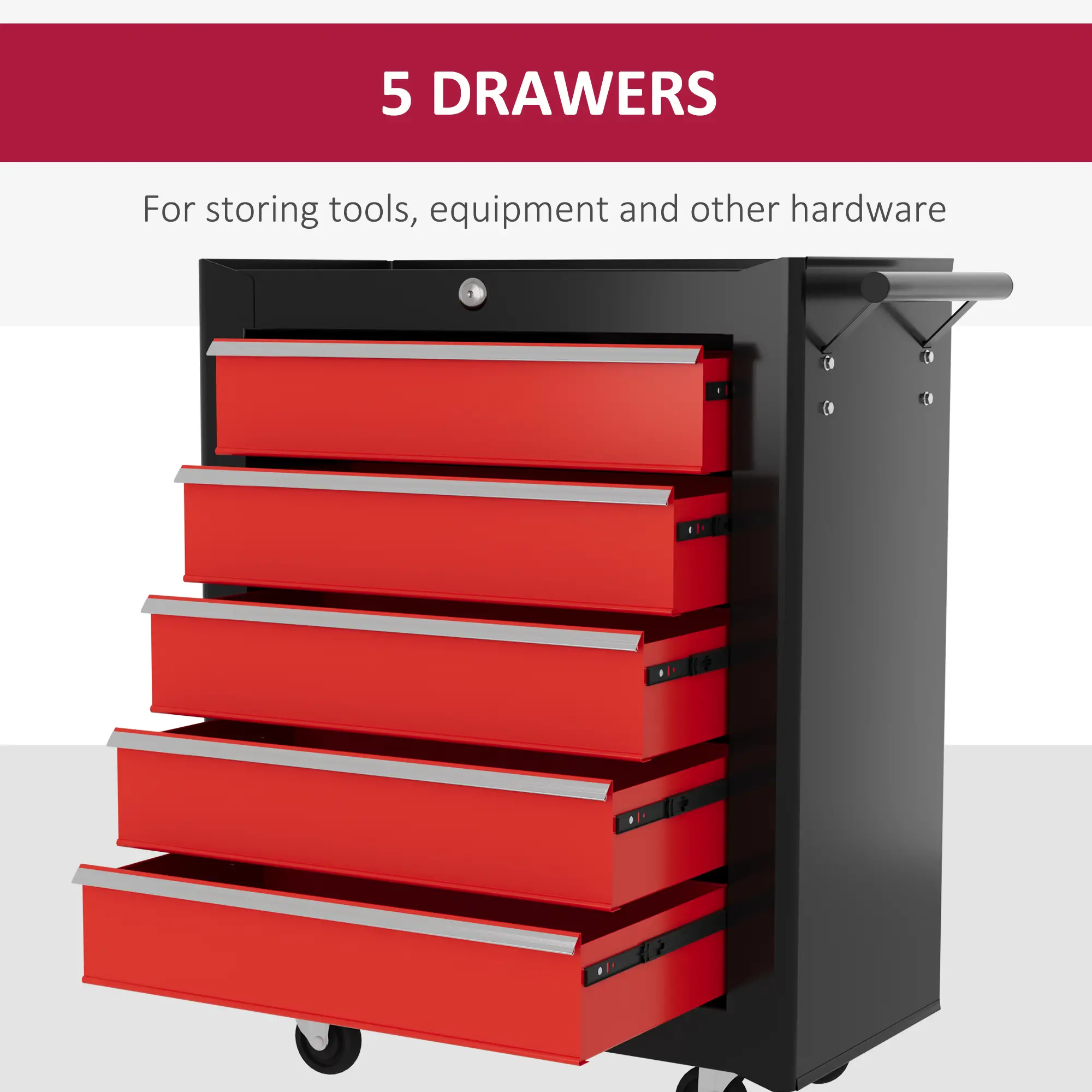 5 Drawer Roller Tool Chest, Lockable Toolbox, Storage Organizer, Black Red - Image 4