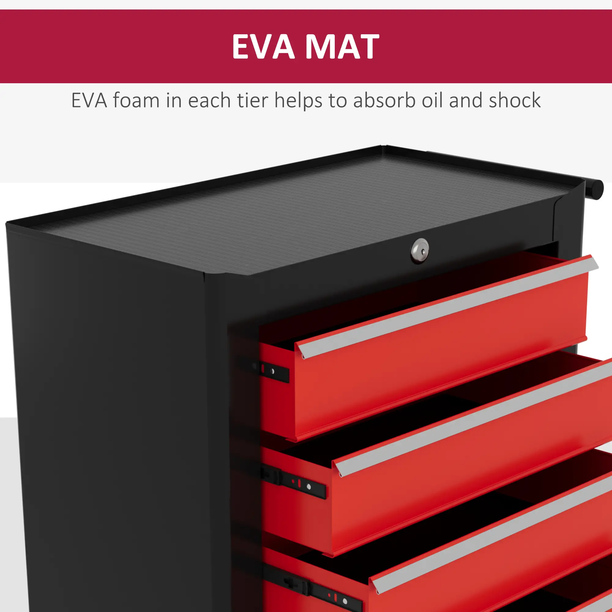 5 Drawer Roller Tool Chest, Lockable Toolbox, Storage Organizer, Black Red - Image 5