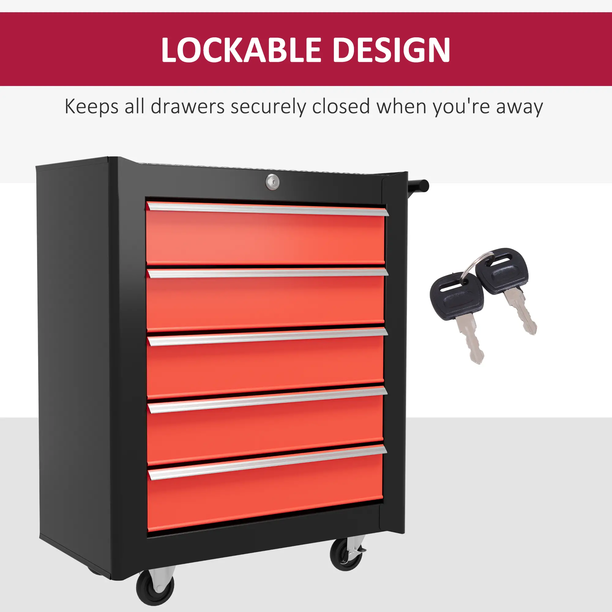 5 Drawer Roller Tool Chest, Lockable Toolbox, Storage Organizer, Black Red - Image 7